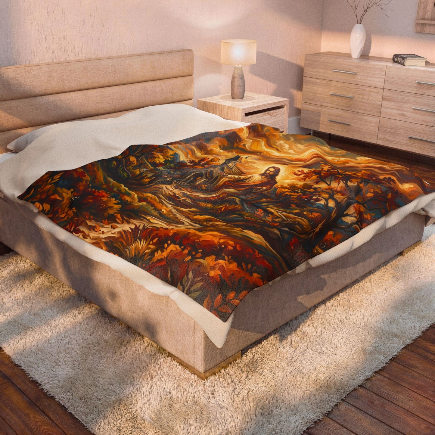 “Abide With Me - Autumn Church at Sunset” - Plush Blanket