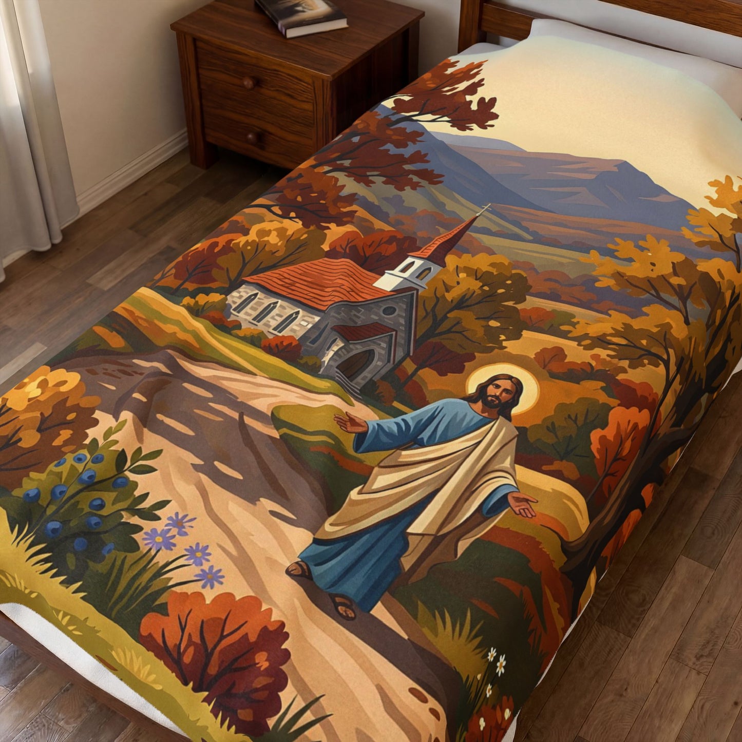 “Golden Harvest - Autumn Church in Tranquility” - Plush Blanket