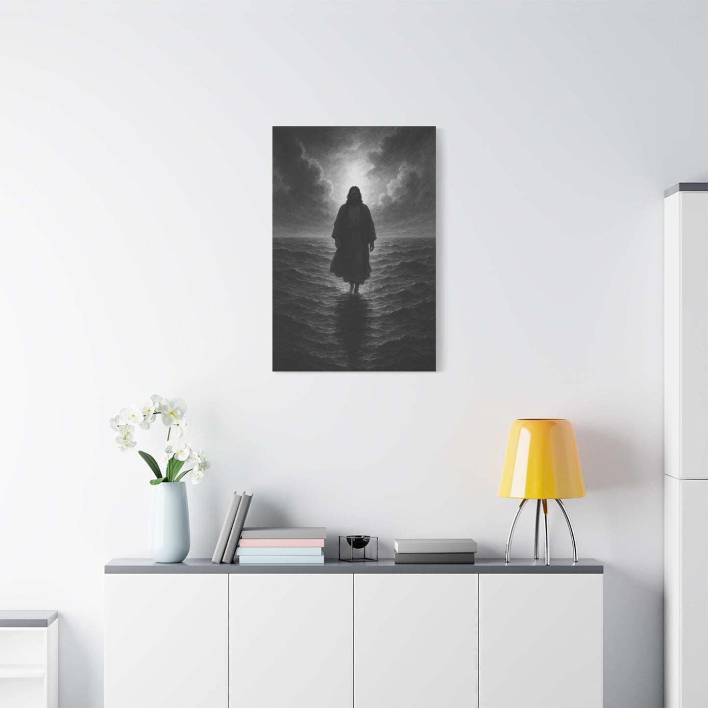 “The Light in the Storm – Jesus Walking on Water (Black & White Edition)” - Canvas Art