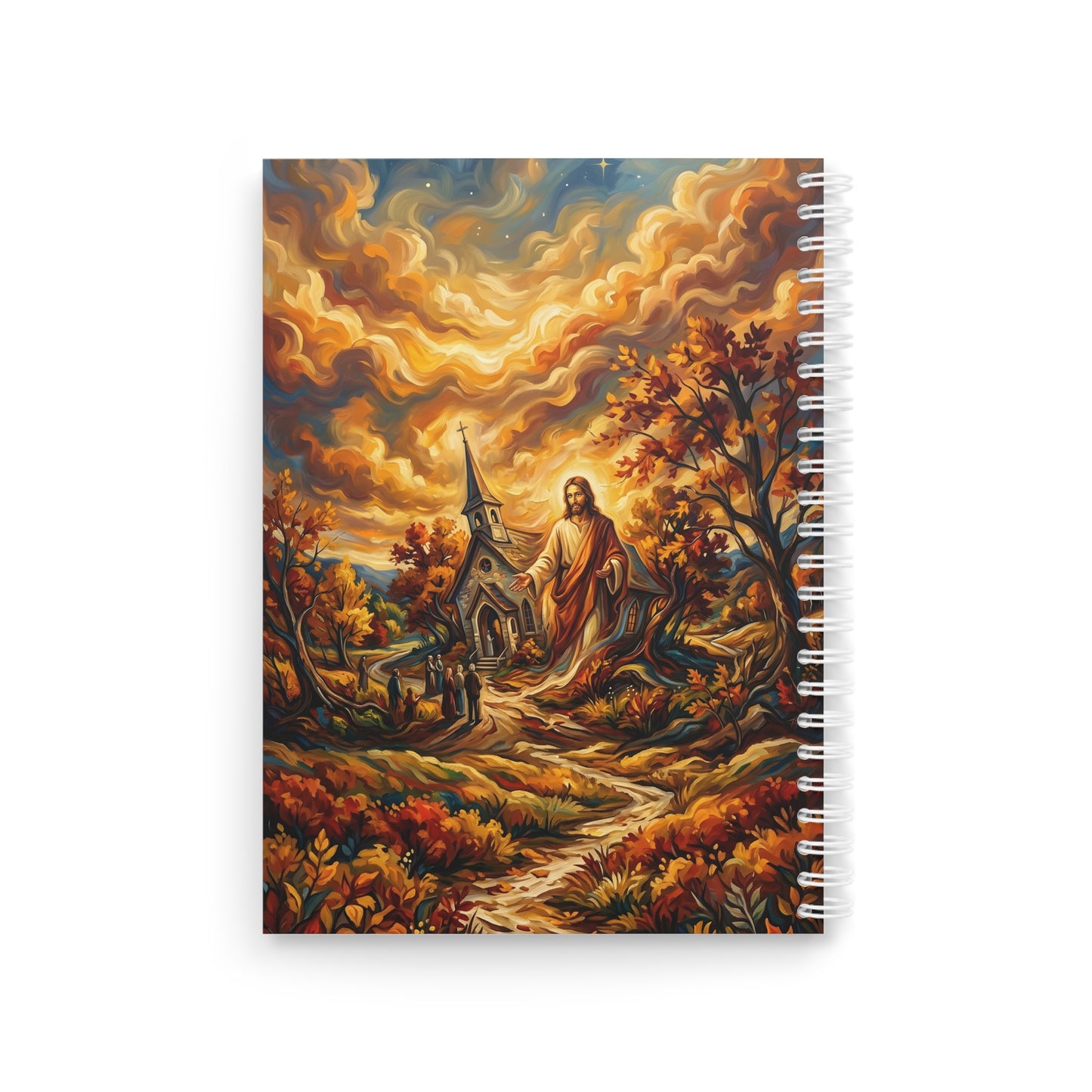 “Abide With Me - Autumn Church at Sunset” - Spiral Notebook