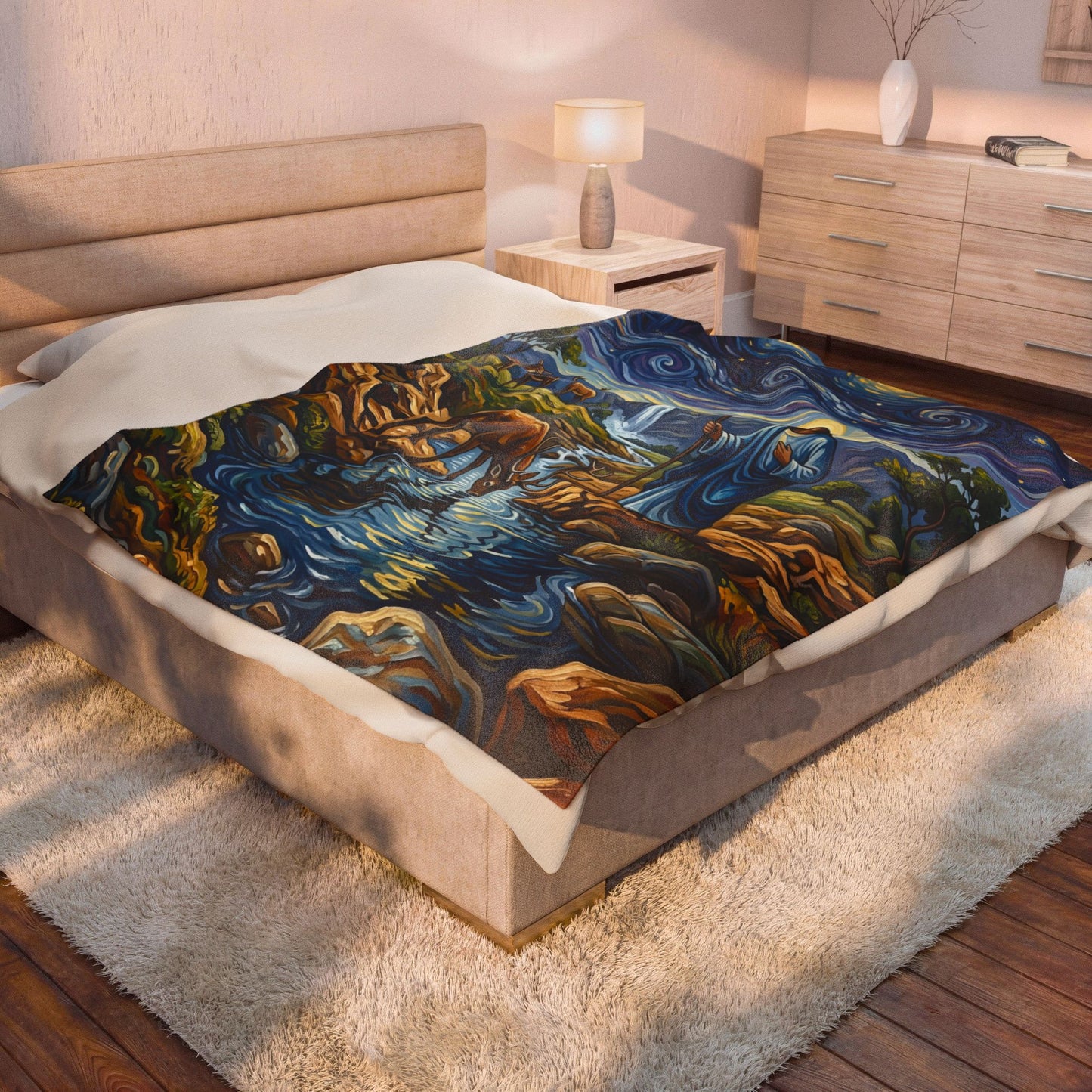 “Streams of Living Water - Deer at a Moonlit Waterfall” - Plush Blanket