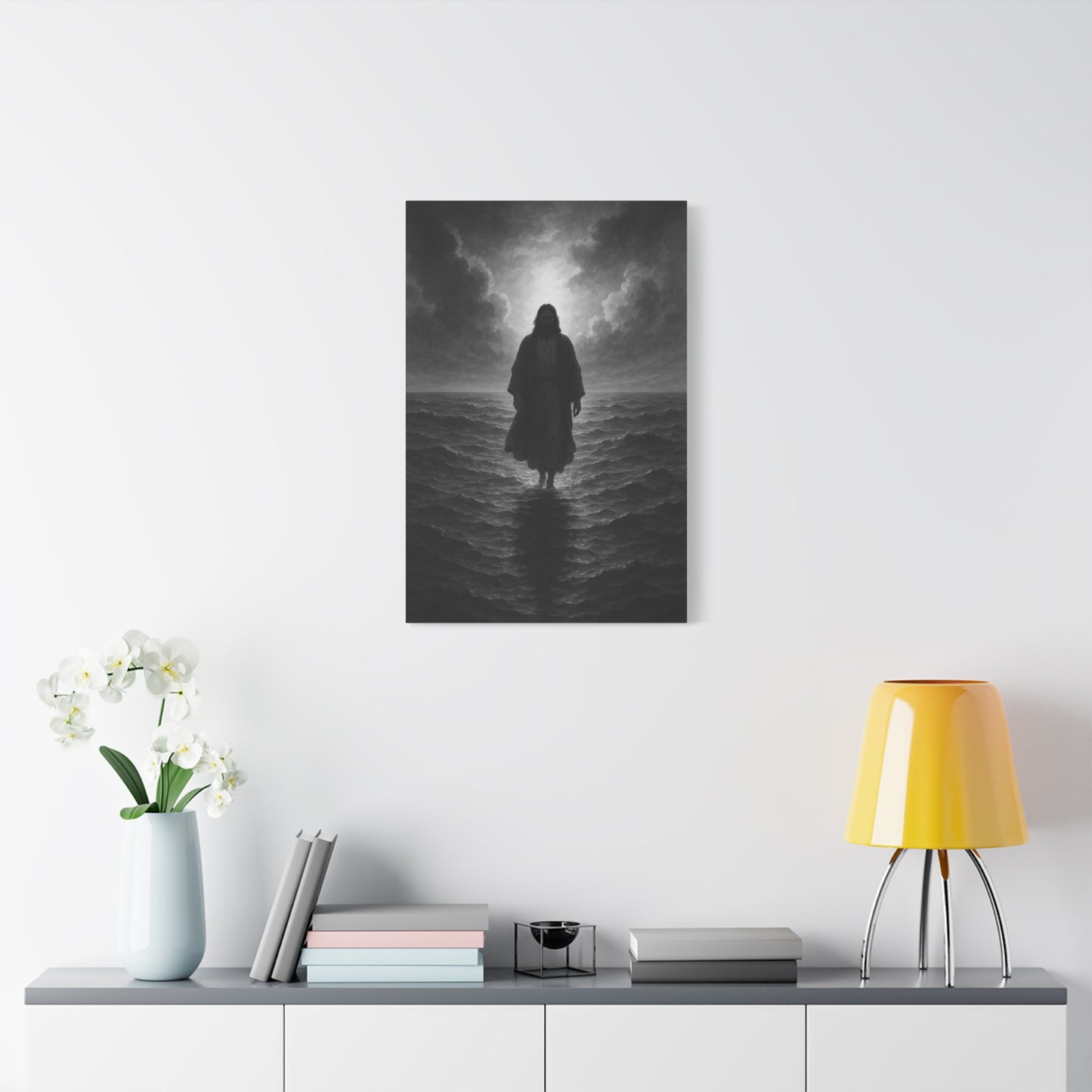 “The Light in the Storm – Jesus Walking on Water (Black & White Edition)” - Canvas Art