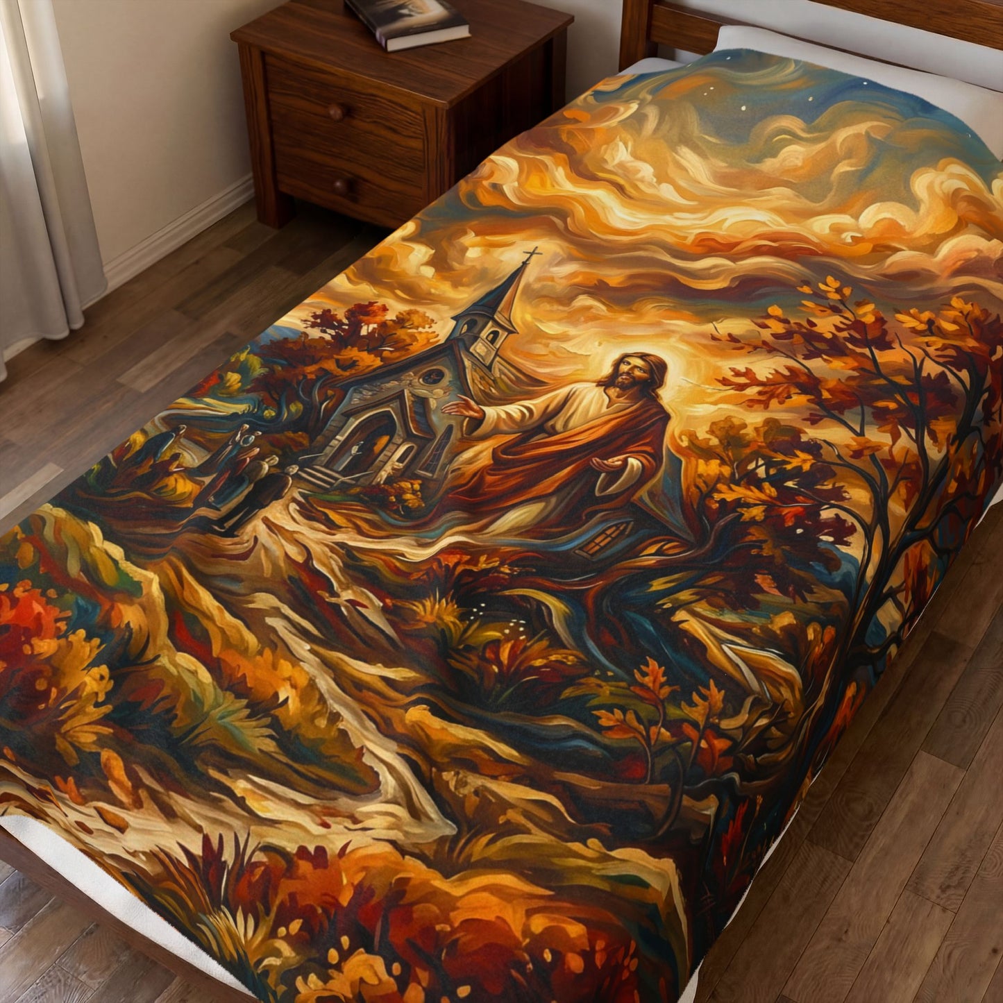 “Abide With Me - Autumn Church at Sunset” - Plush Blanket