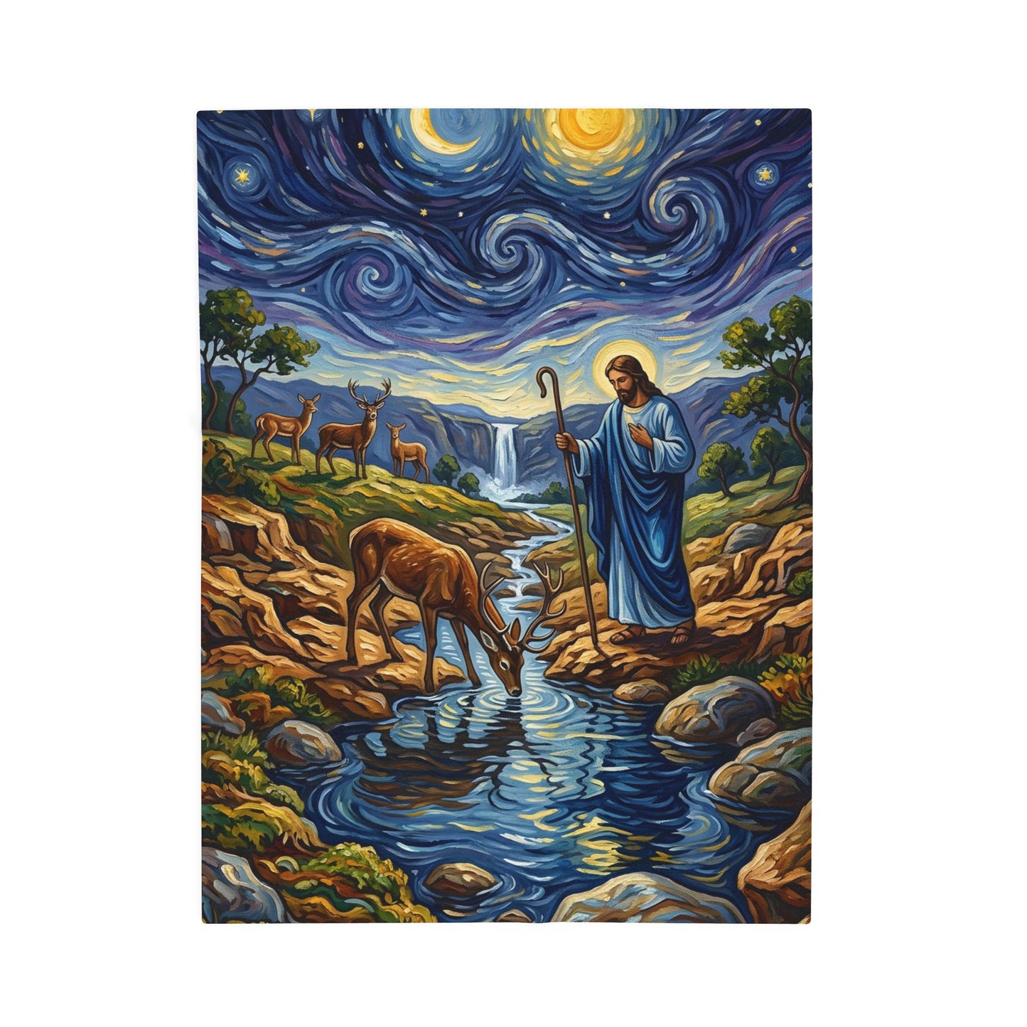 “Streams of Living Water - Deer at a Moonlit Waterfall” - Plush Blanket