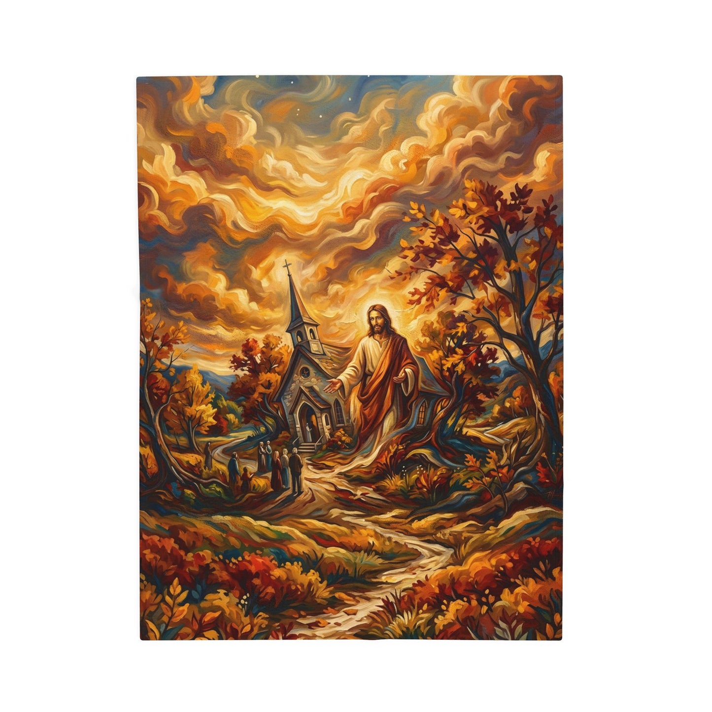 “Abide With Me - Autumn Church at Sunset” - Plush Blanket