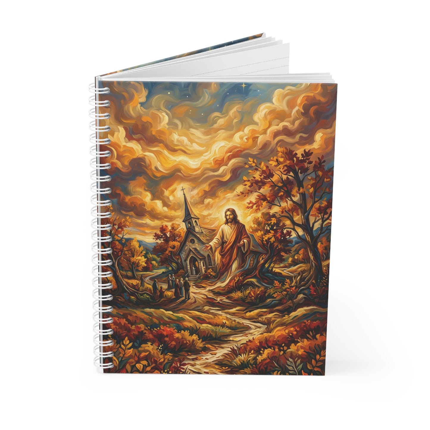 “Abide With Me - Autumn Church at Sunset” - Spiral Notebook