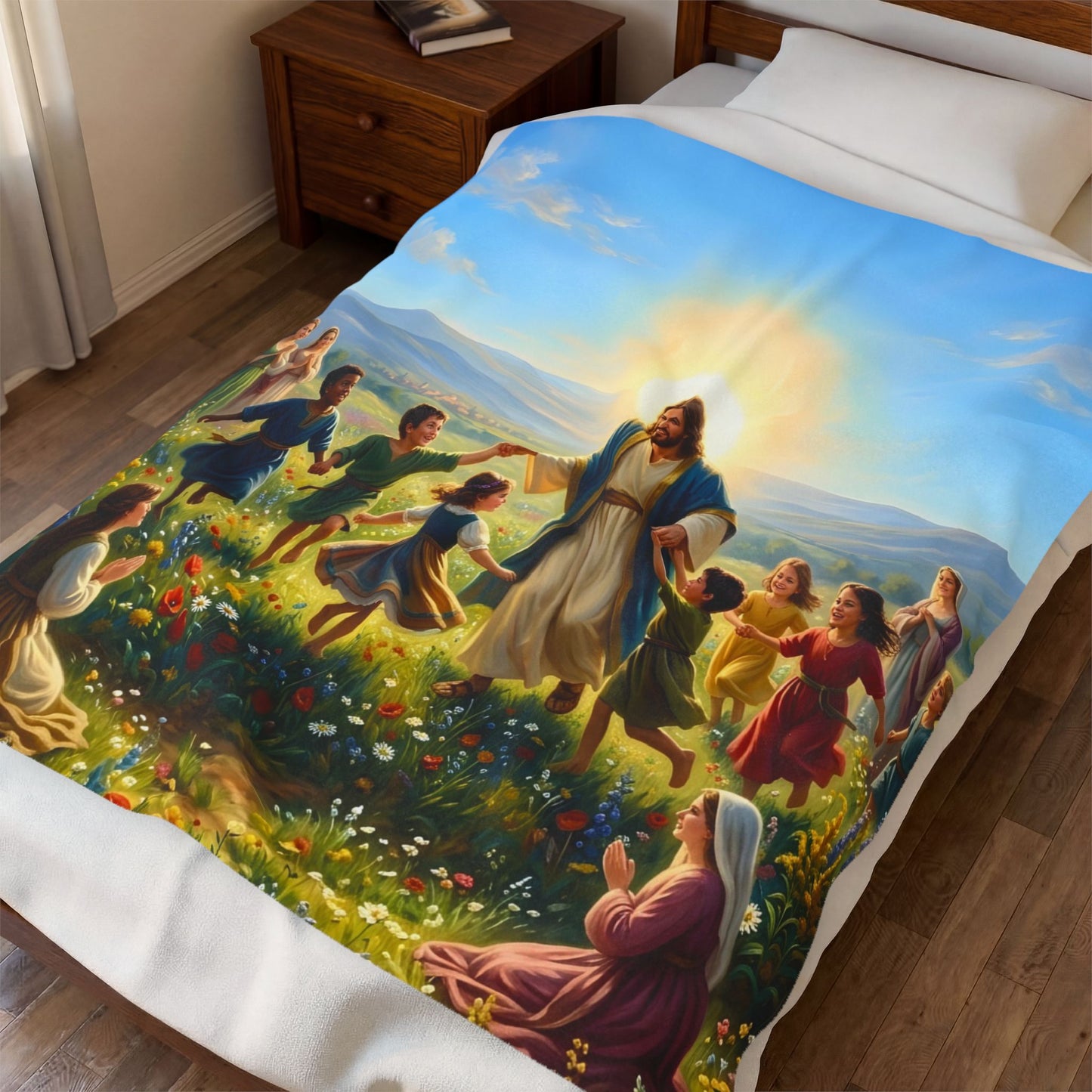 “Joy Overflowing - Children Dancing in the Meadow” - Plush Blanket