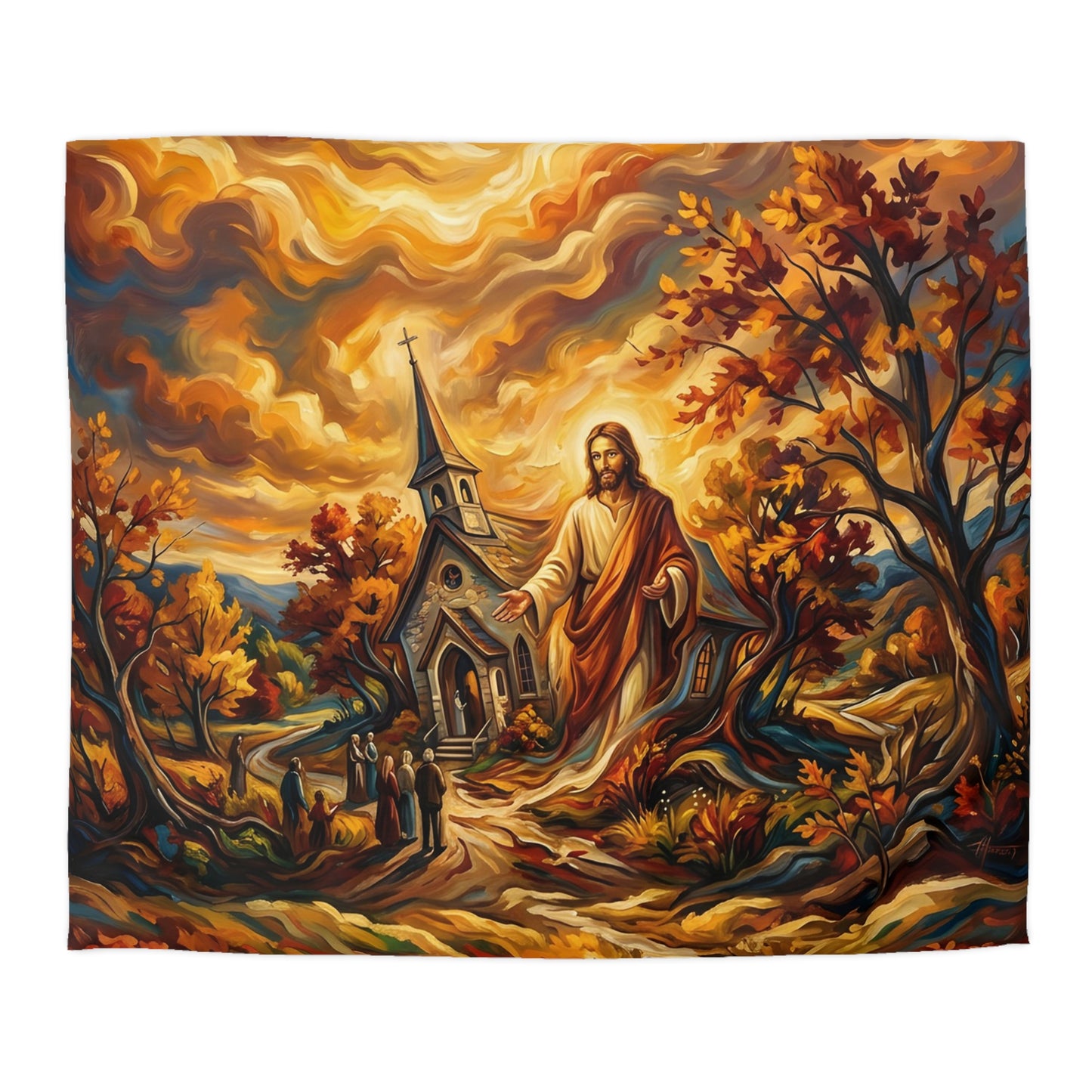 “Abide With Me - Autumn Church at Sunset” - Duvet Cover