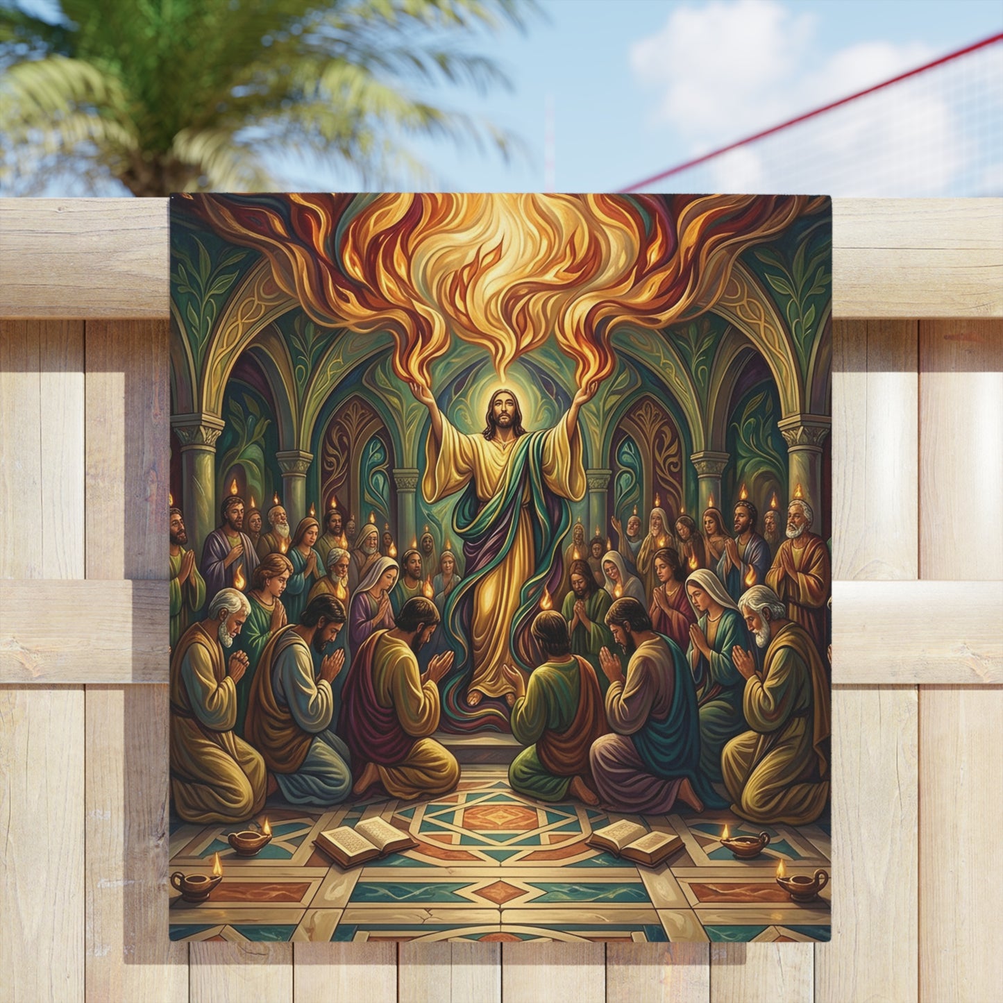 “Spirit Poured Out - Pentecost Flames Descending” - Beach Towel