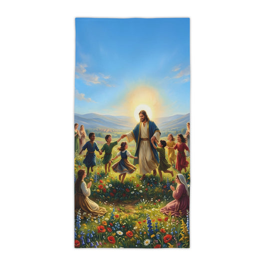 “Joy Overflowing - Children Dancing in the Meadow” - Beach Towel