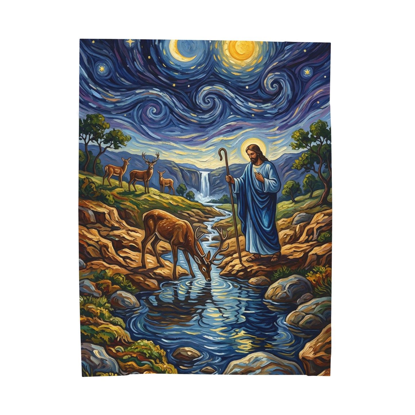“Streams of Living Water - Deer at a Moonlit Waterfall” - Plush Blanket