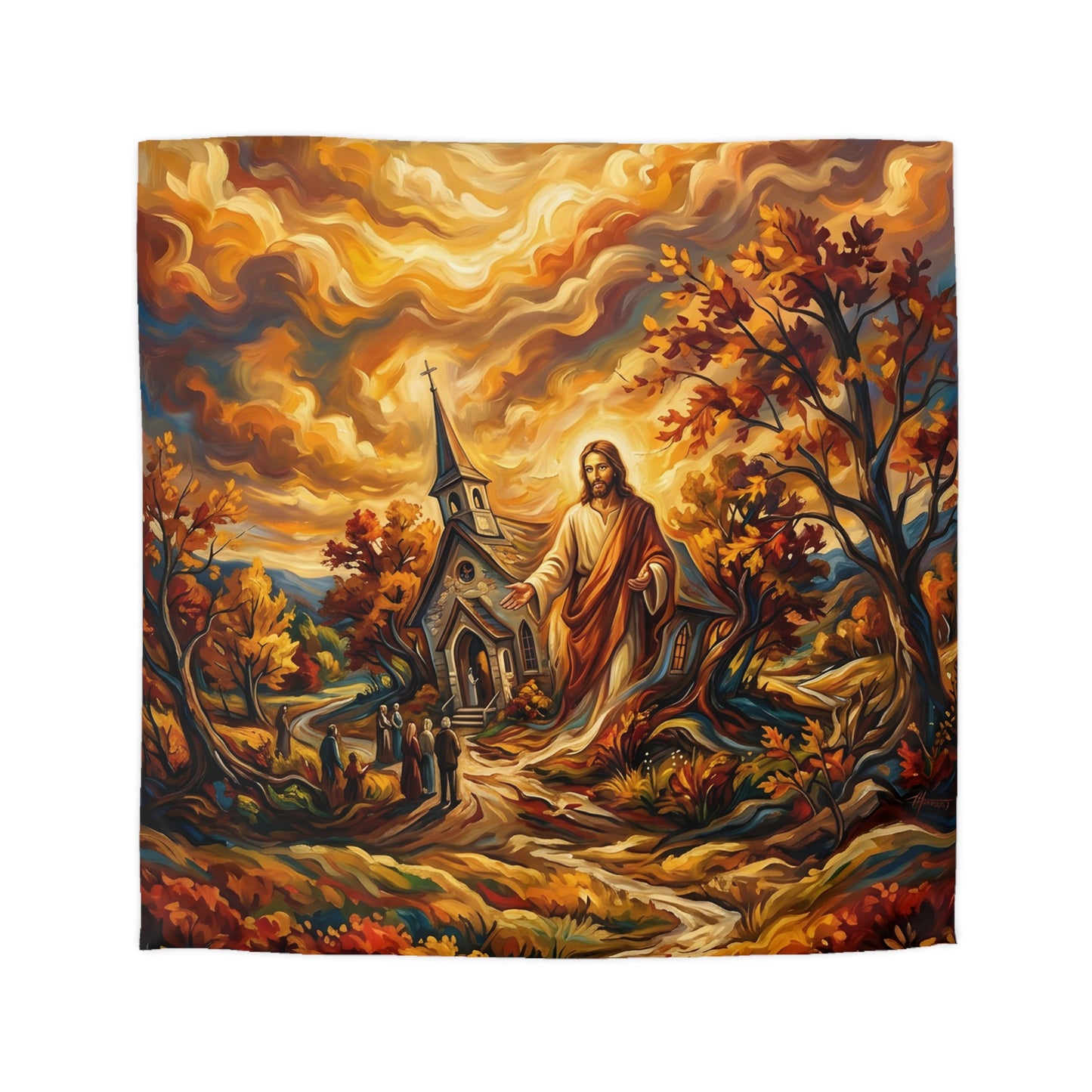 “Abide With Me - Autumn Church at Sunset” - Duvet Cover