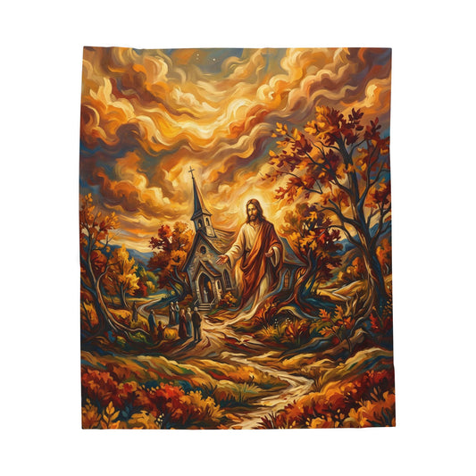 “Abide With Me - Autumn Church at Sunset” - Plush Blanket