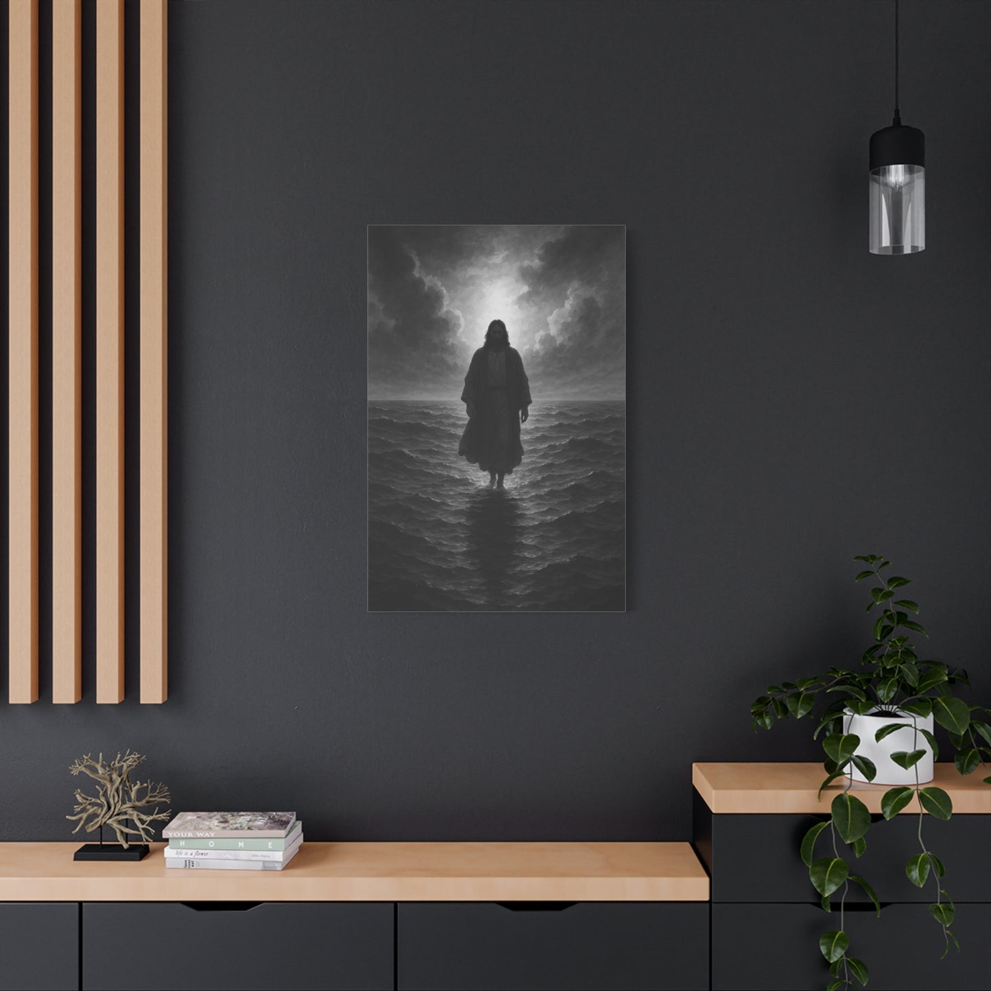 “The Light in the Storm – Jesus Walking on Water (Black & White Edition)” - Canvas Art