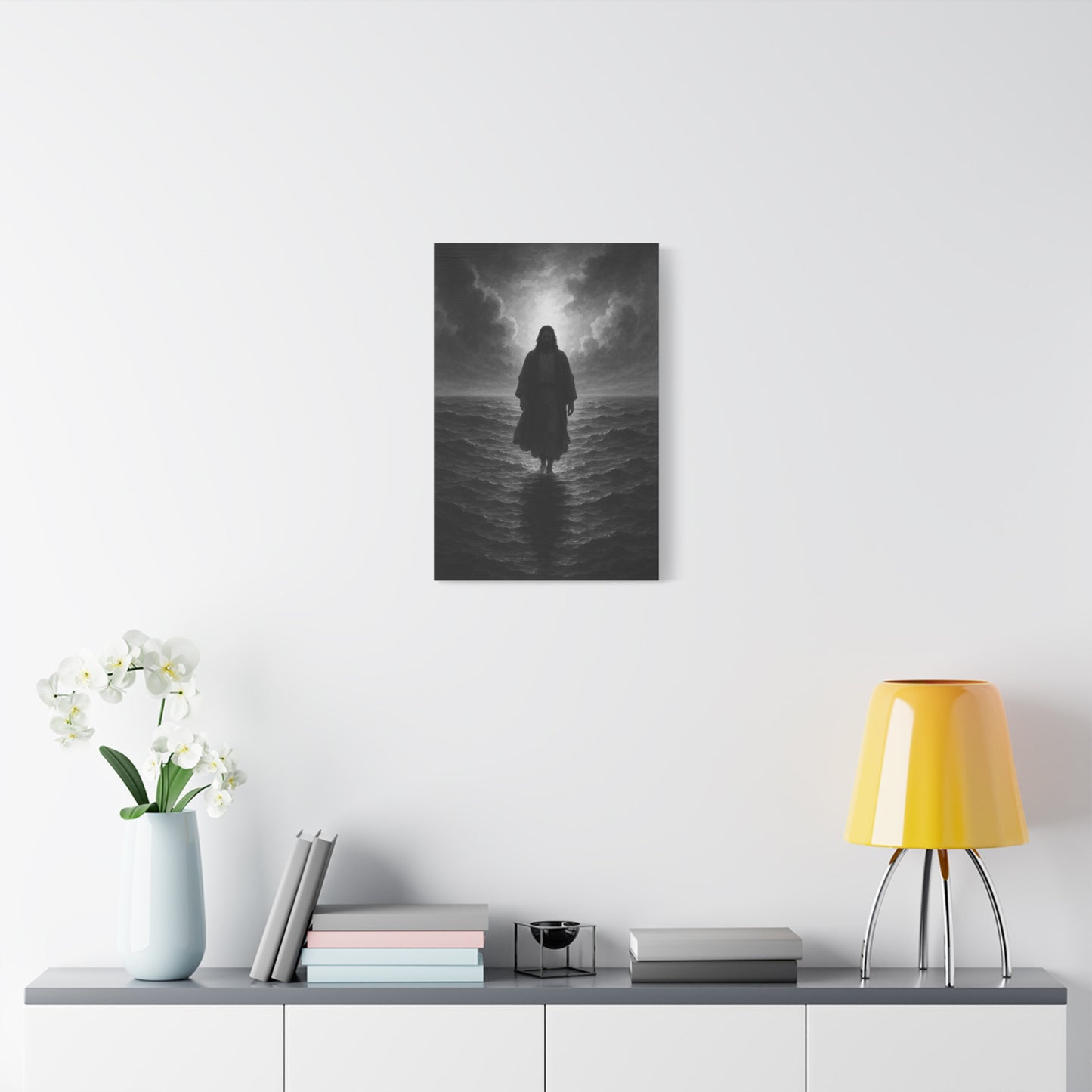 “The Light in the Storm – Jesus Walking on Water (Black & White Edition)” - Canvas Art