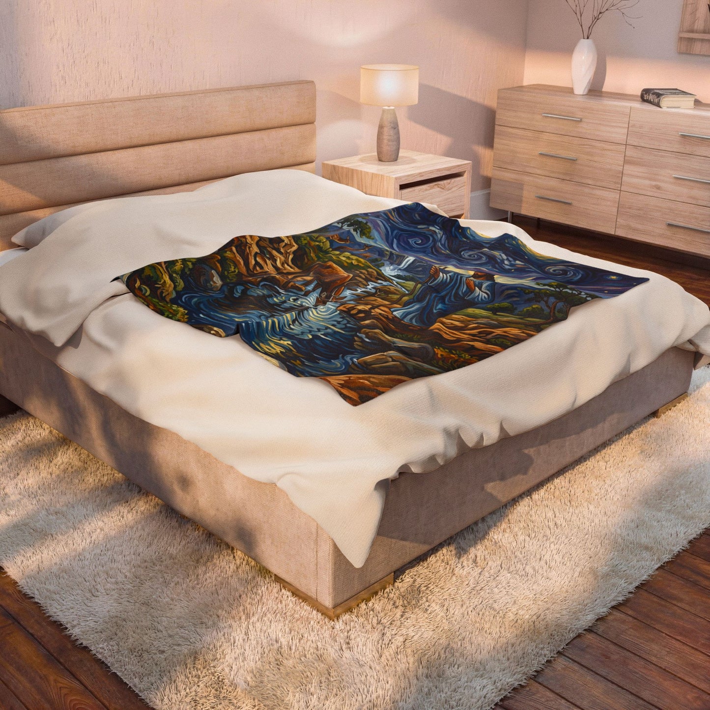 “Streams of Living Water - Deer at a Moonlit Waterfall” - Plush Blanket