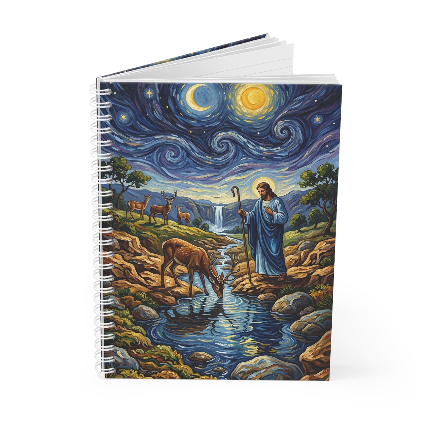 “Streams of Living Water - Deer at a Moonlit Waterfall” - Spiral Notebook