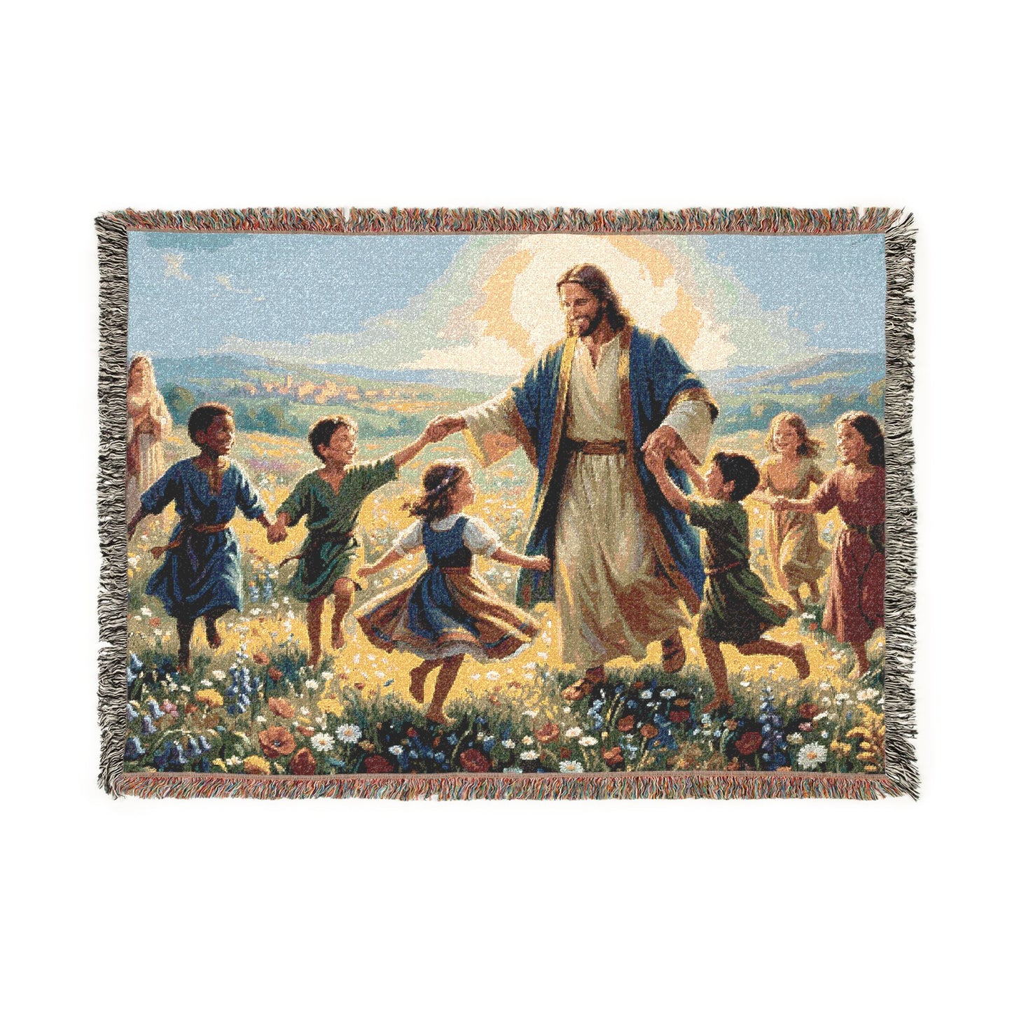 “Joy Overflowing - Children Dancing in the Meadow” - Woven Blanket