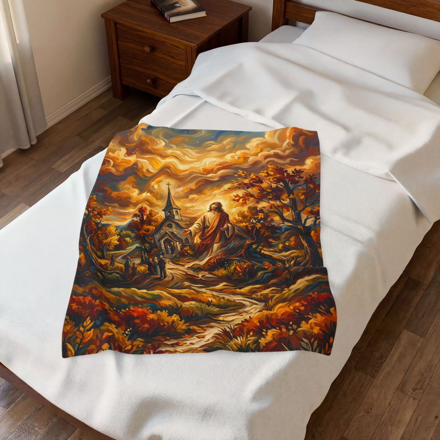 “Abide With Me - Autumn Church at Sunset” - Plush Blanket