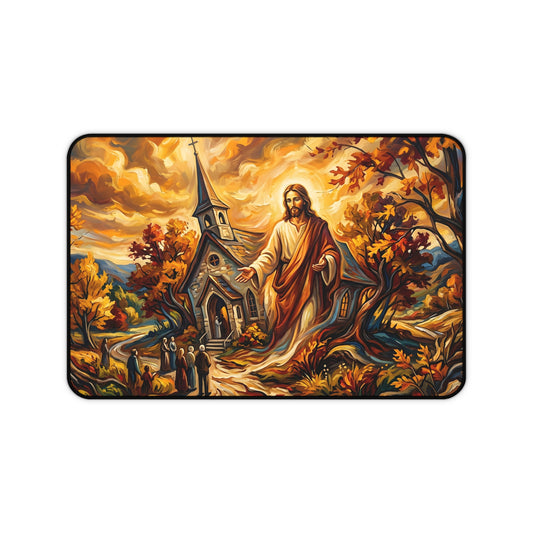 “Abide With Me - Autumn Church at Sunset” - Desk Mat