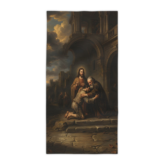 The prodigal son running toward his father - Beach Towel