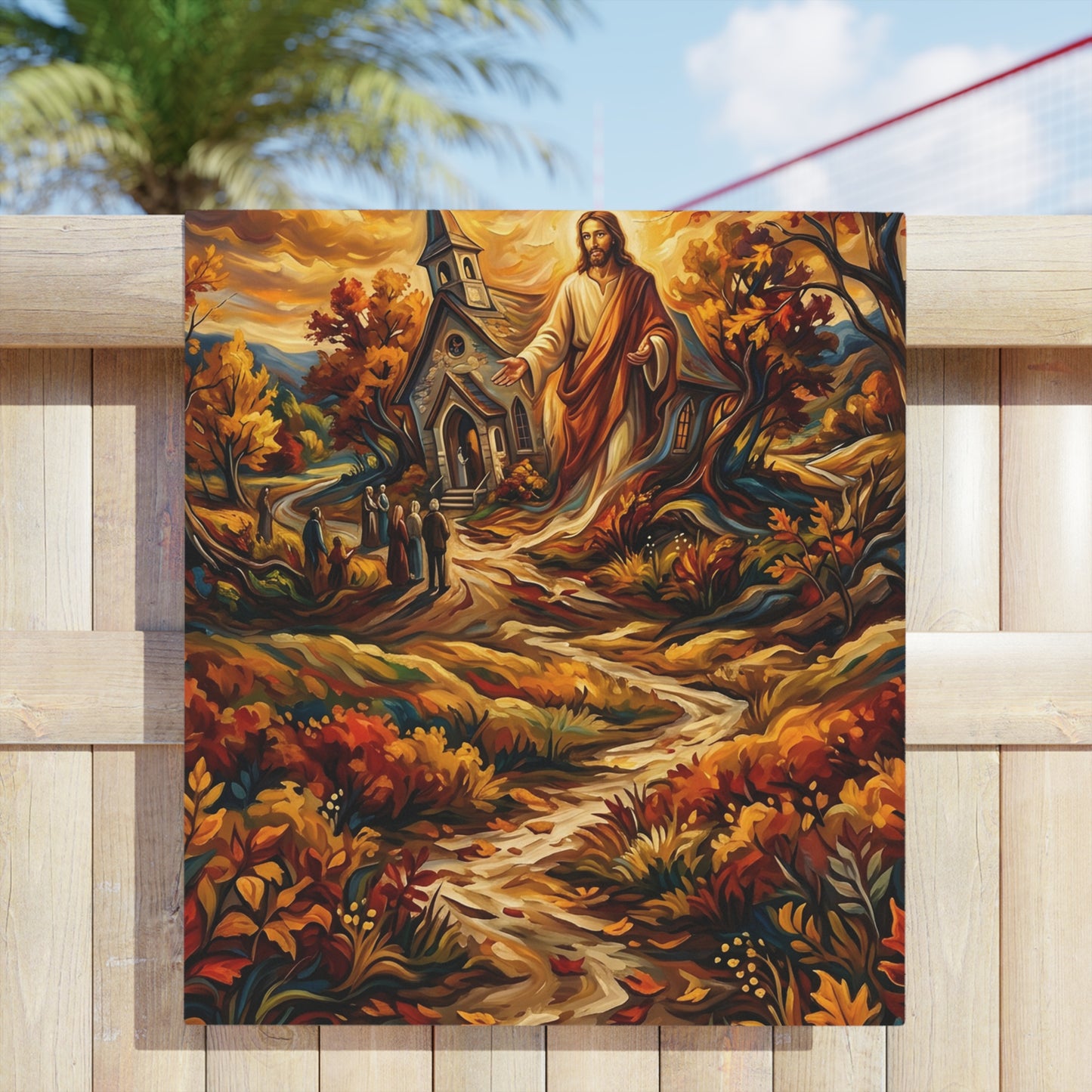 “Abide With Me - Autumn Church at Sunset” - Beach Towel