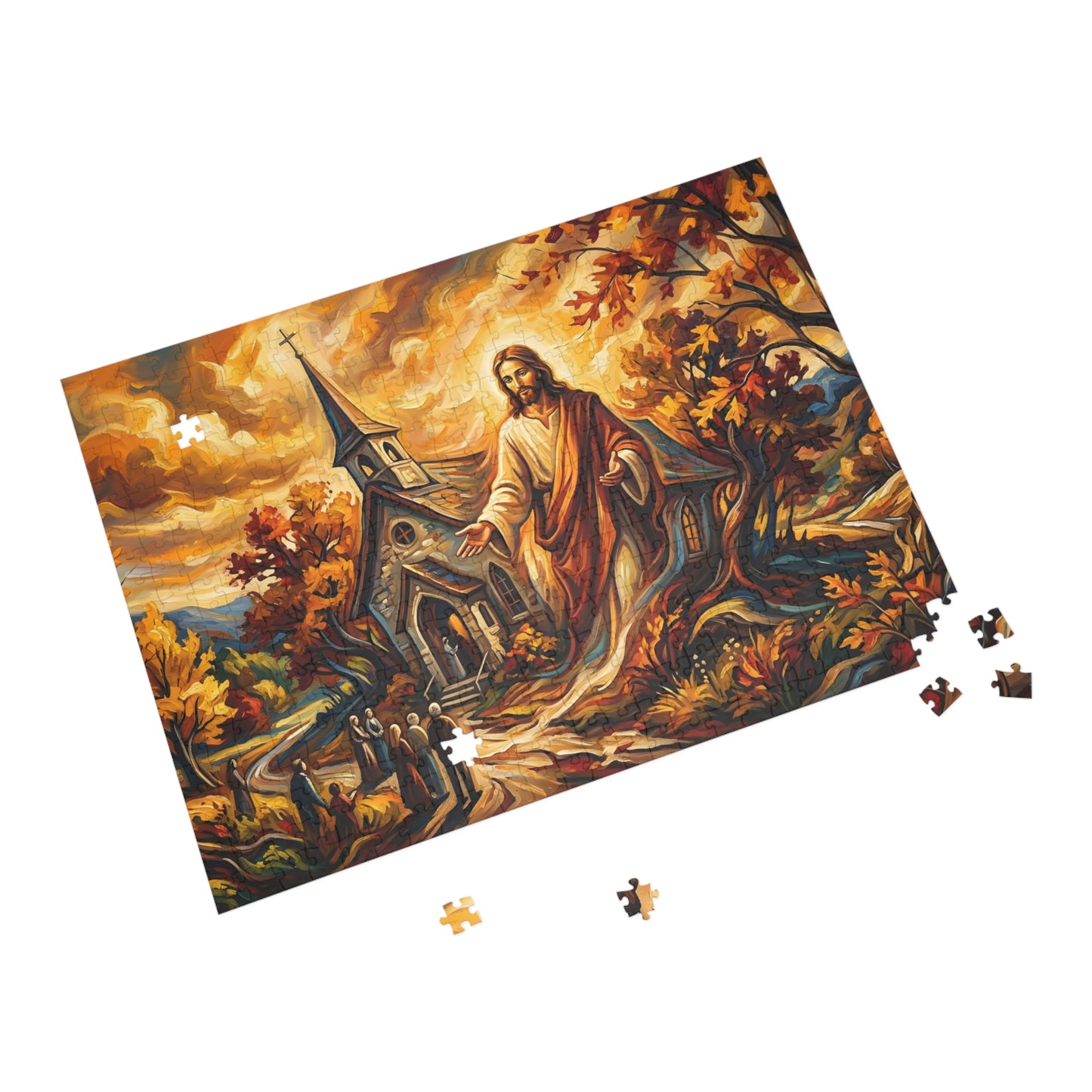 “Abide With Me - Autumn Church at Sunset” - Jigsaw Puzzle
