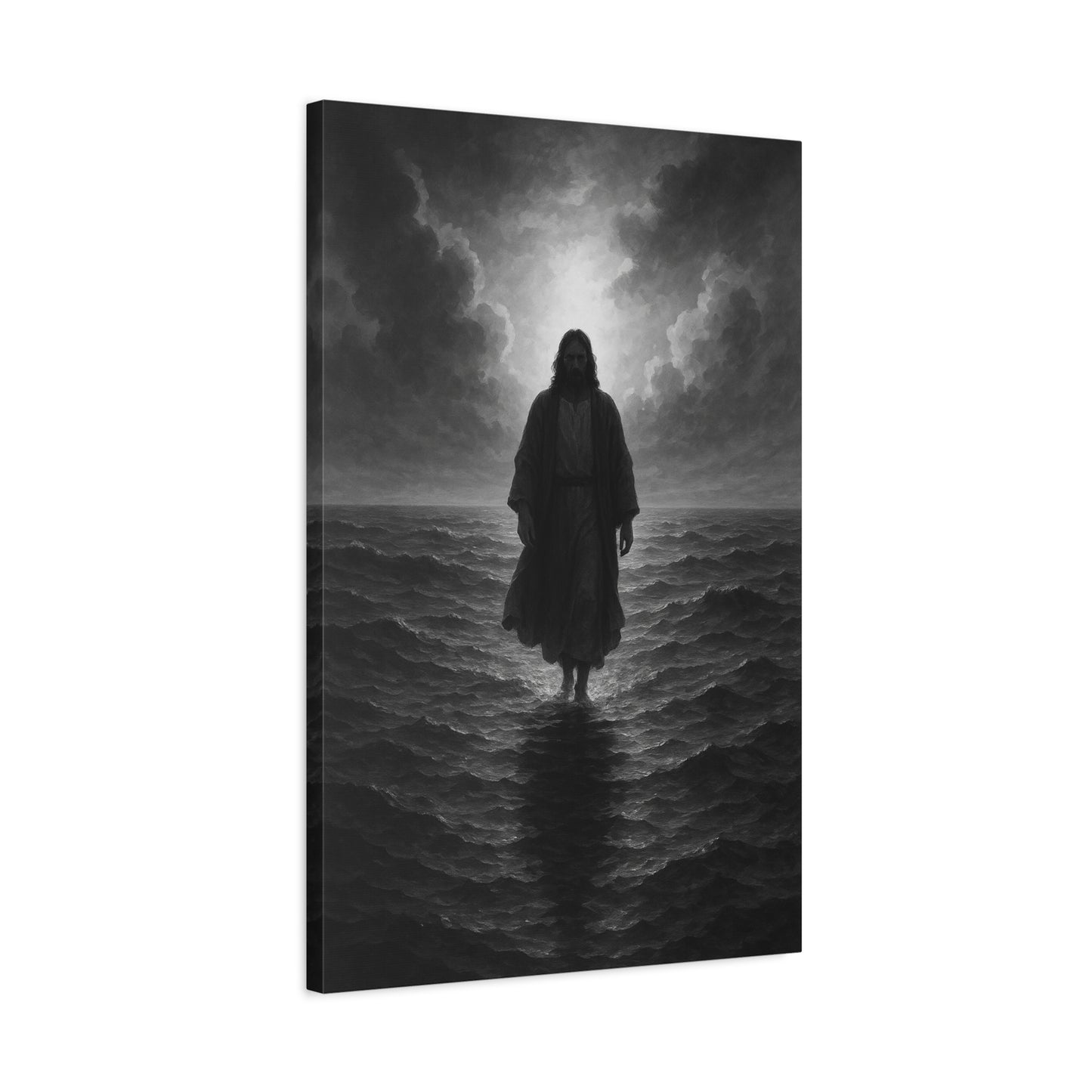“The Light in the Storm – Jesus Walking on Water (Black & White Edition)” - Canvas Art