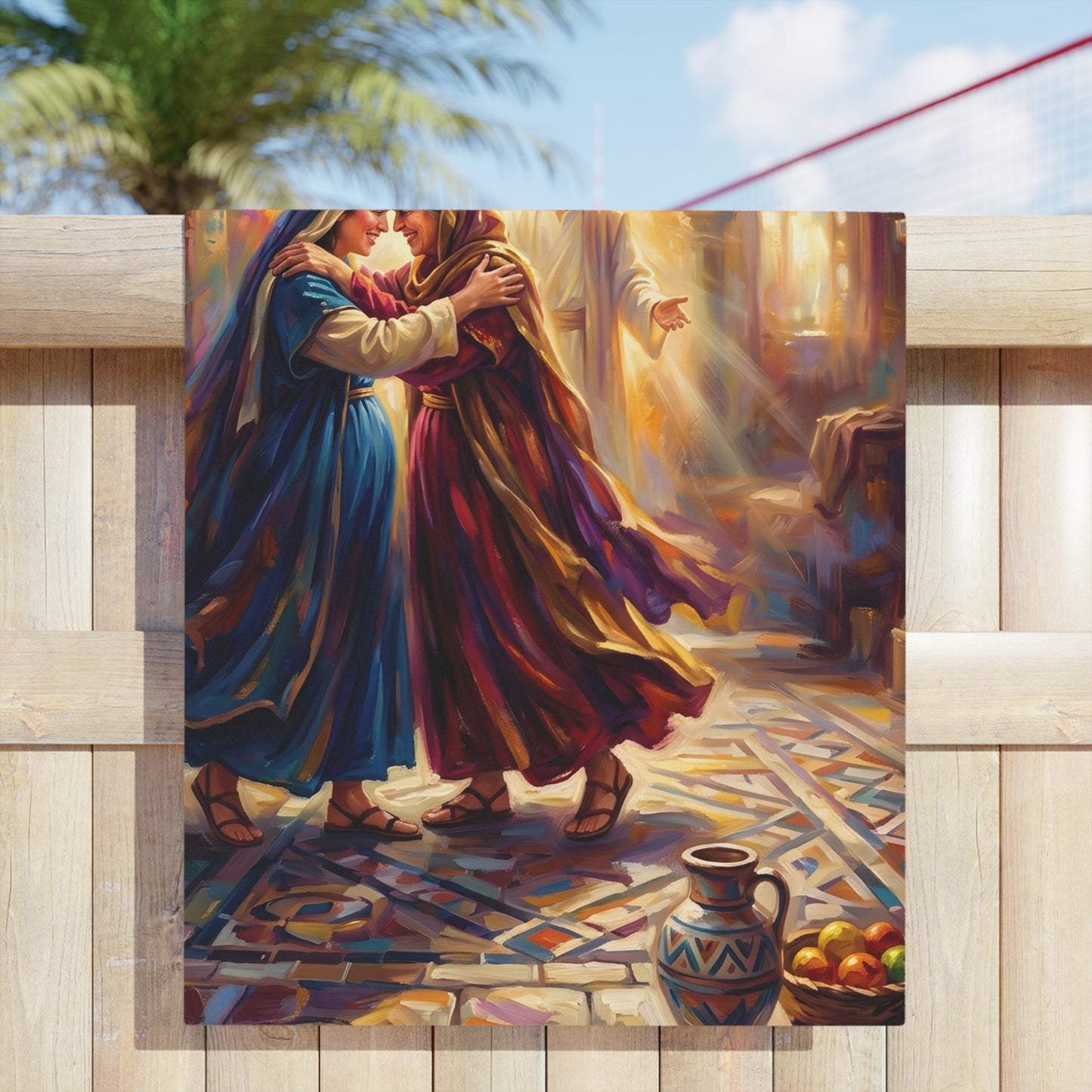 “Divine Embrace - Mary and Elizabeth's Joyful Meeting” - Beach Towel