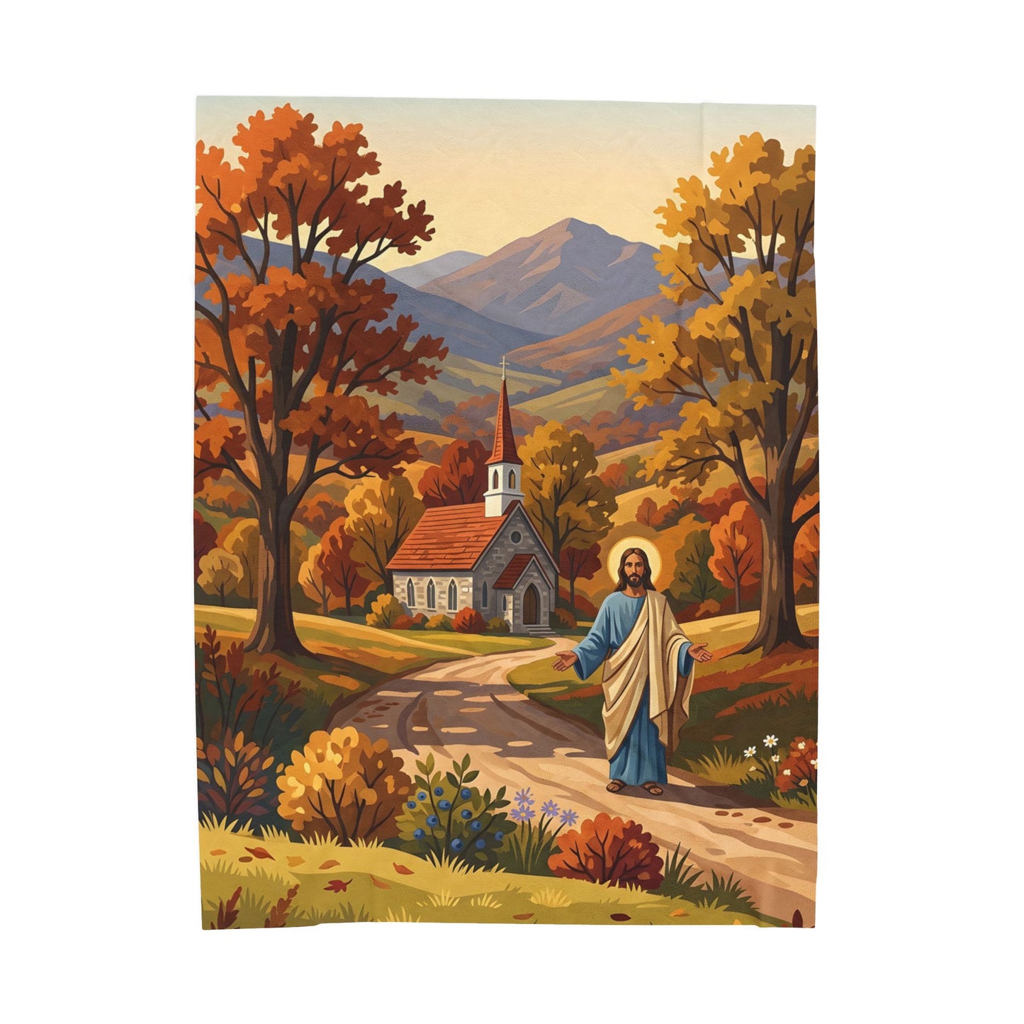 “Golden Harvest - Autumn Church in Tranquility” - Plush Blanket