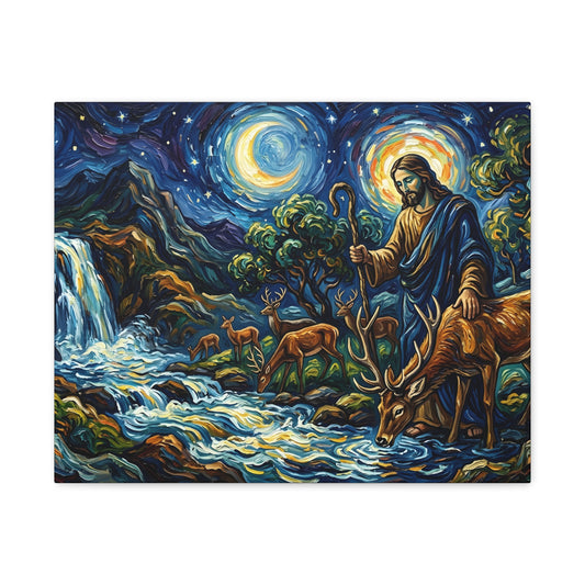 “Streams of Living Water - Deer at a Moonlit Waterfall” - Canvas Art