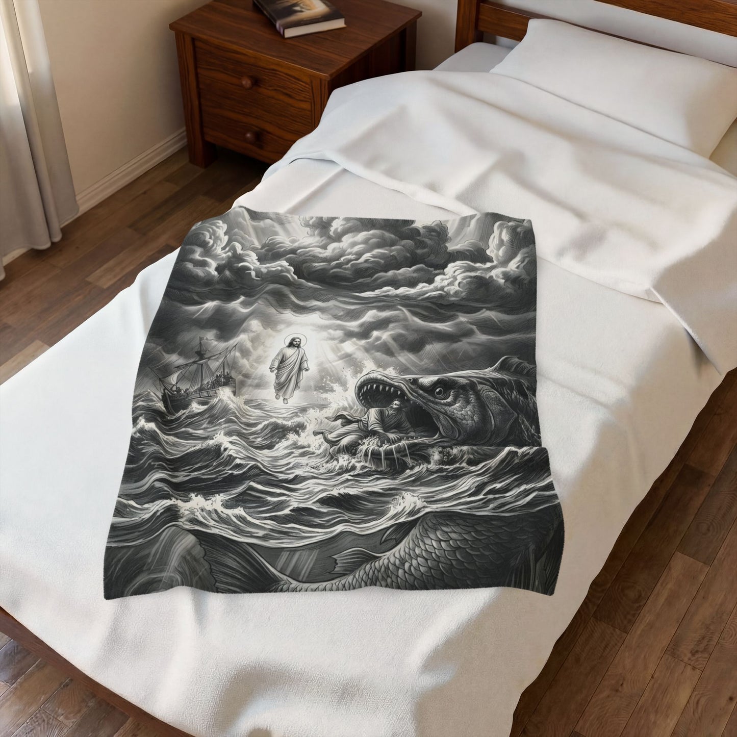 Jonah being swallowed by the great fish - Plush Blanket