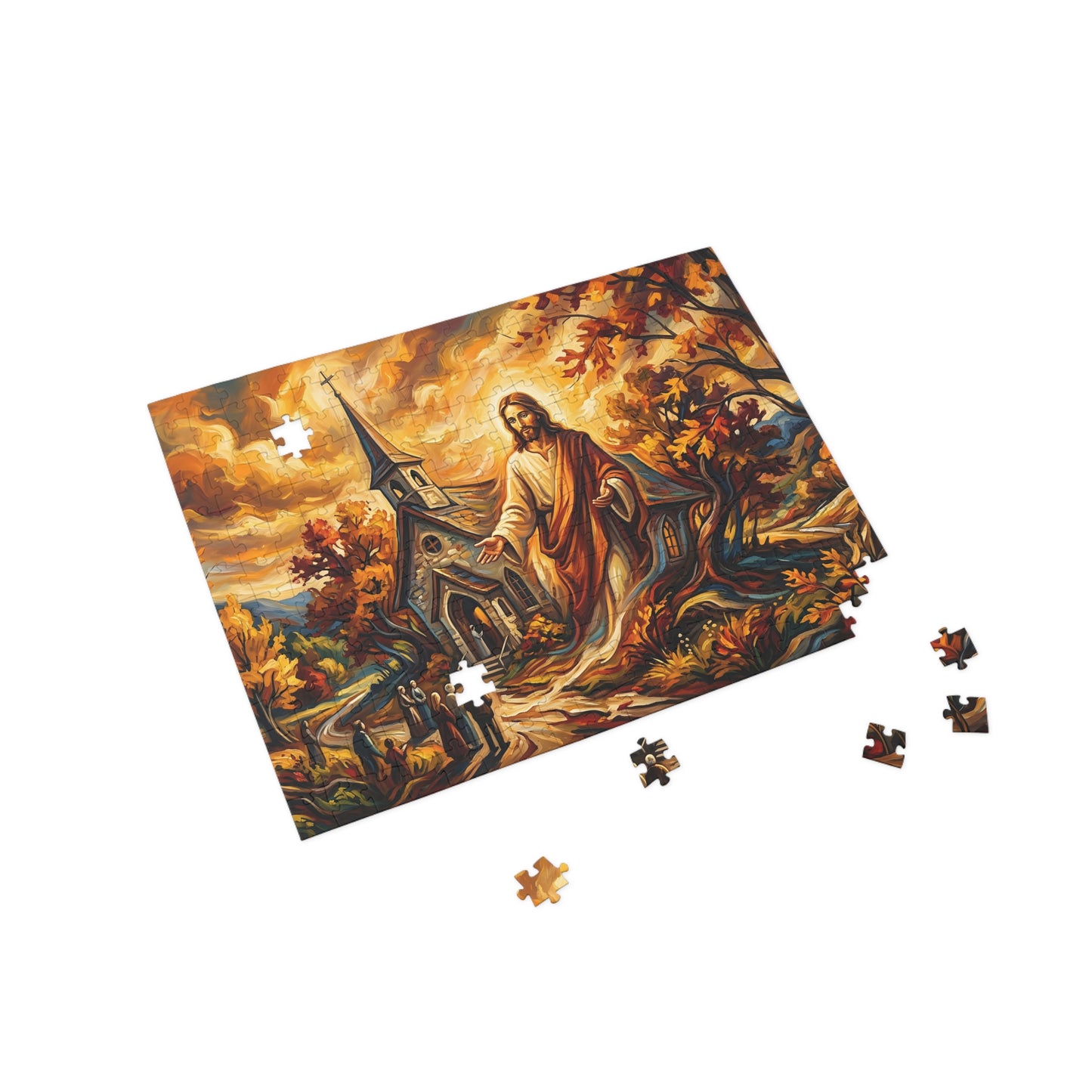 “Abide With Me - Autumn Church at Sunset” - Jigsaw Puzzle