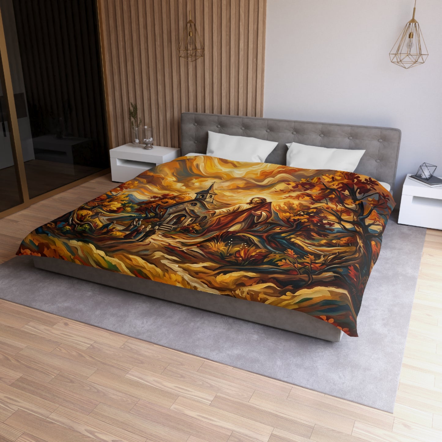 “Abide With Me - Autumn Church at Sunset” - Duvet Cover