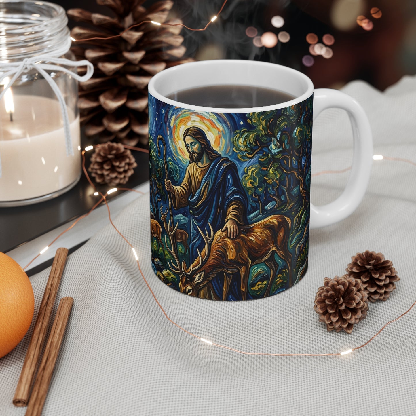 “Streams of Living Water - Deer at a Moonlit Waterfall” - Coffee Mug