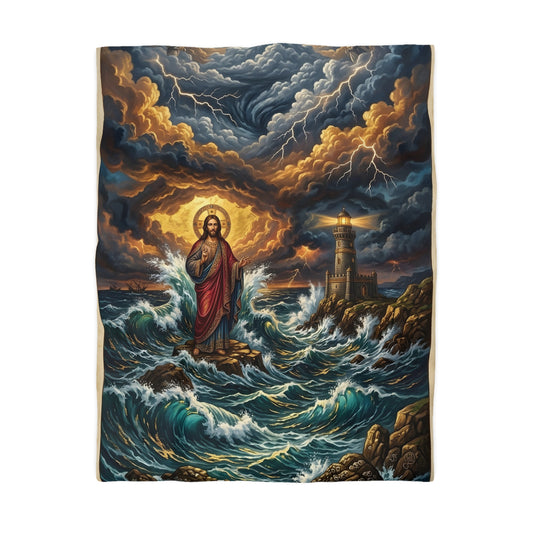 “Steadfast Hope - Lighthouse in the Storm” - Duvet Cover