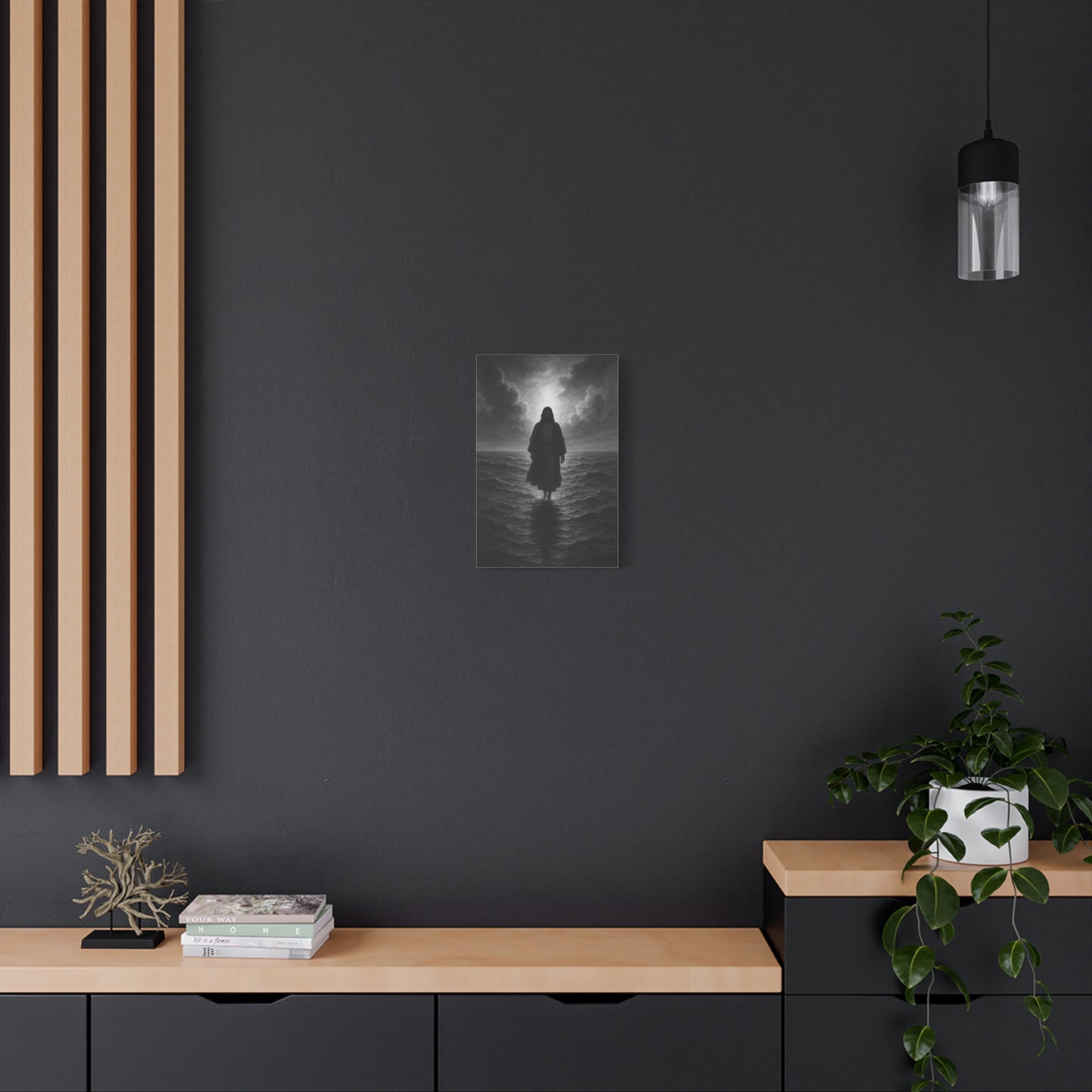 “The Light in the Storm – Jesus Walking on Water (Black & White Edition)” - Canvas Art