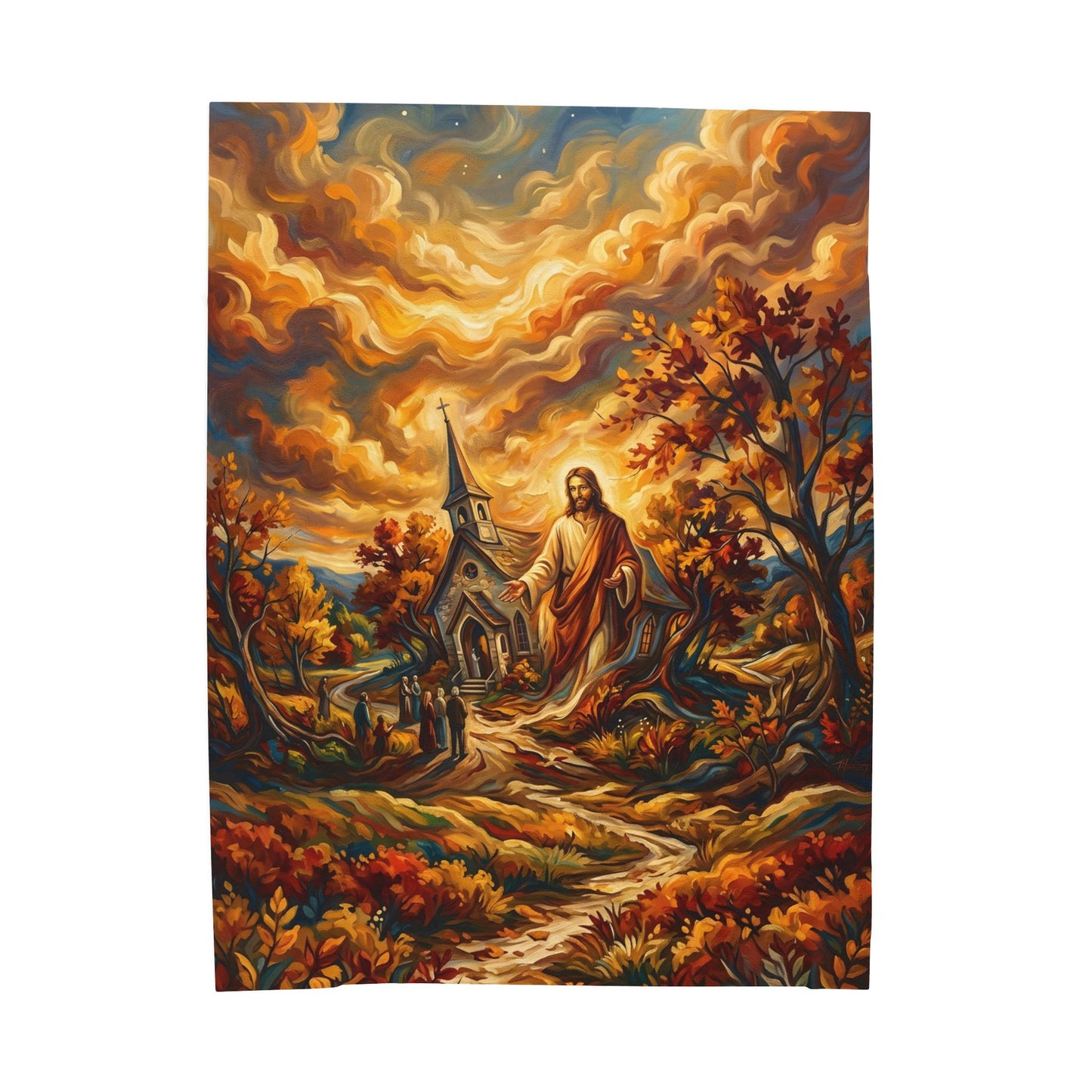 “Abide With Me - Autumn Church at Sunset” - Plush Blanket