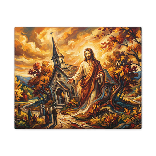 “Abide With Me - Autumn Church at Sunset” - Canvas Art