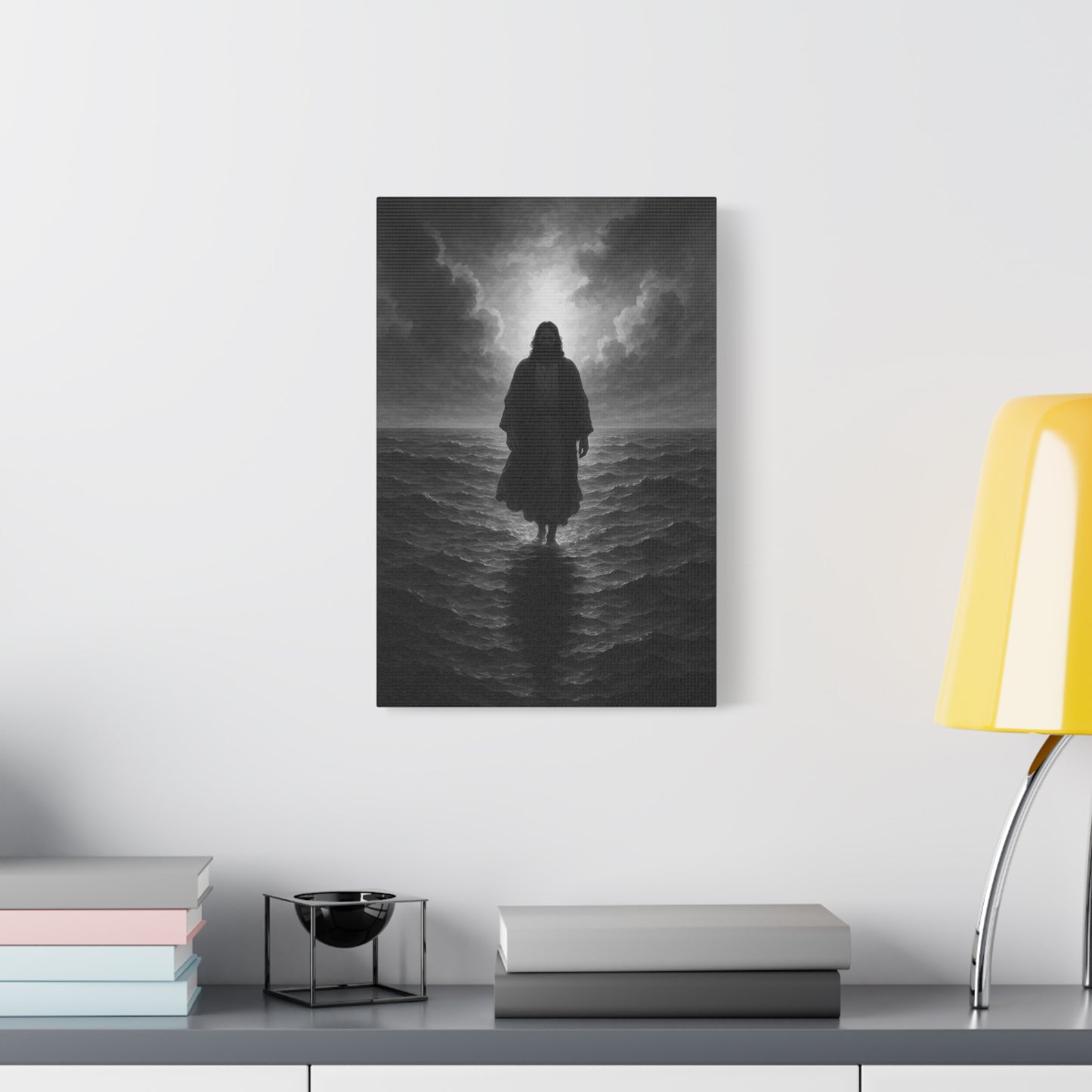 “The Light in the Storm – Jesus Walking on Water (Black & White Edition)” - Canvas Art