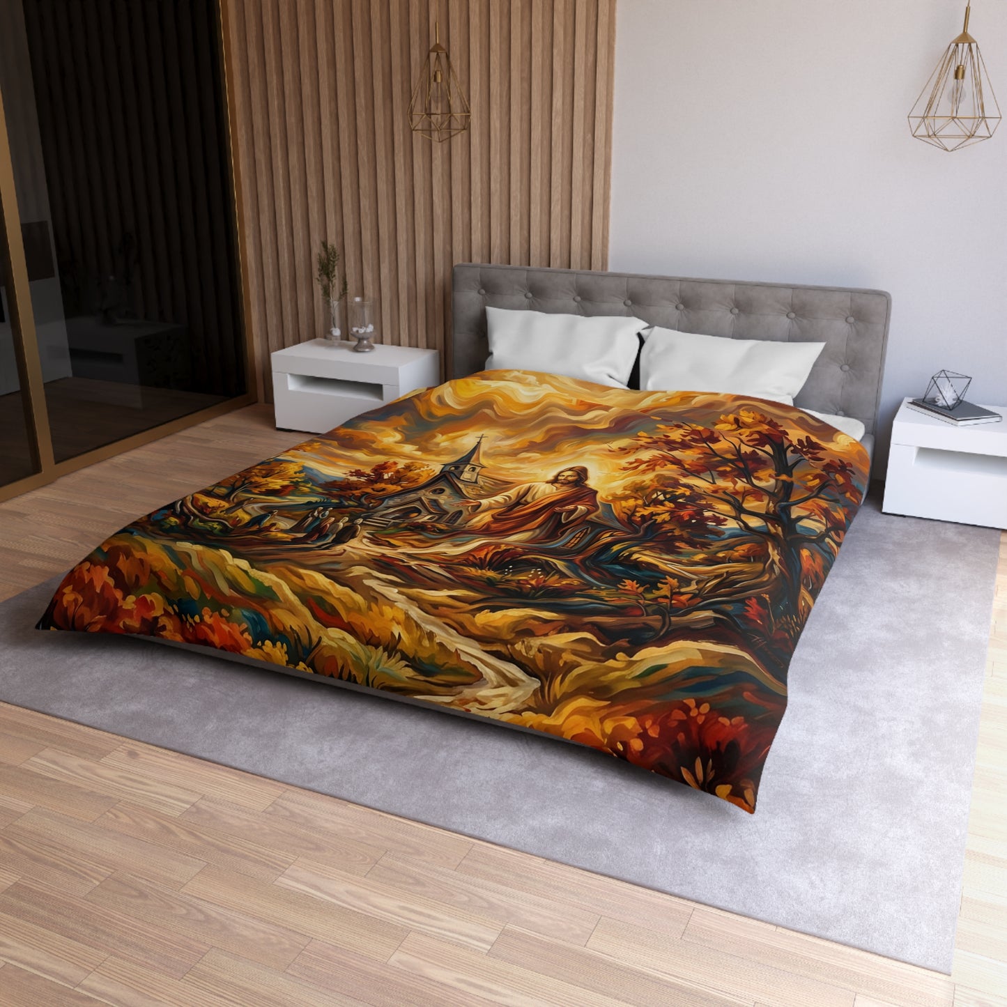 “Abide With Me - Autumn Church at Sunset” - Duvet Cover