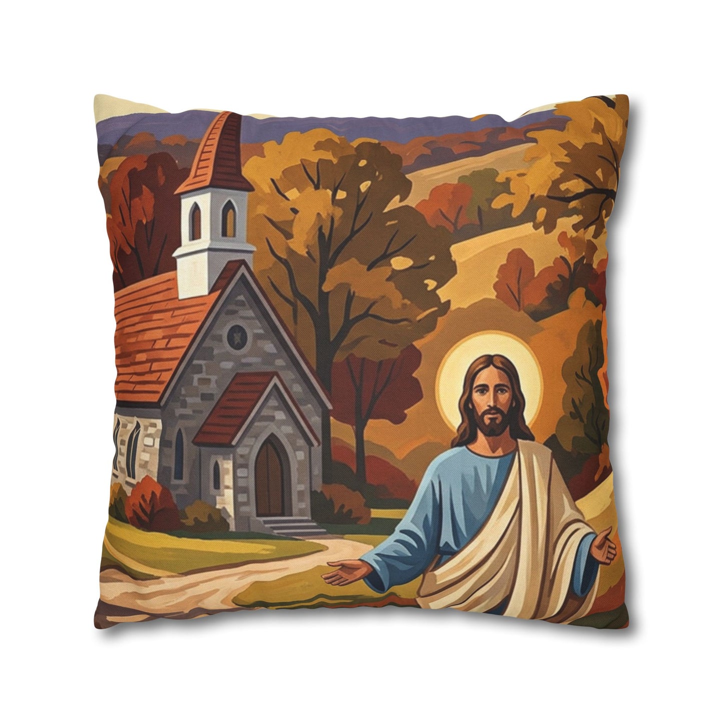 “Golden Harvest - Autumn Church in Tranquility” - Pillowcase