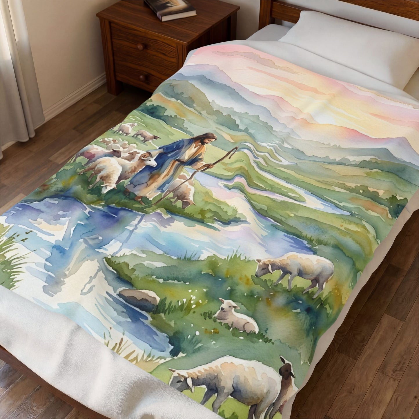 “Still Waters - Shepherd Leads His Flock” - Plush Blanket