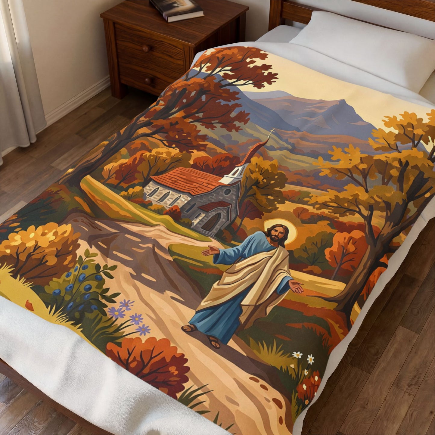 “Golden Harvest - Autumn Church in Tranquility” - Plush Blanket