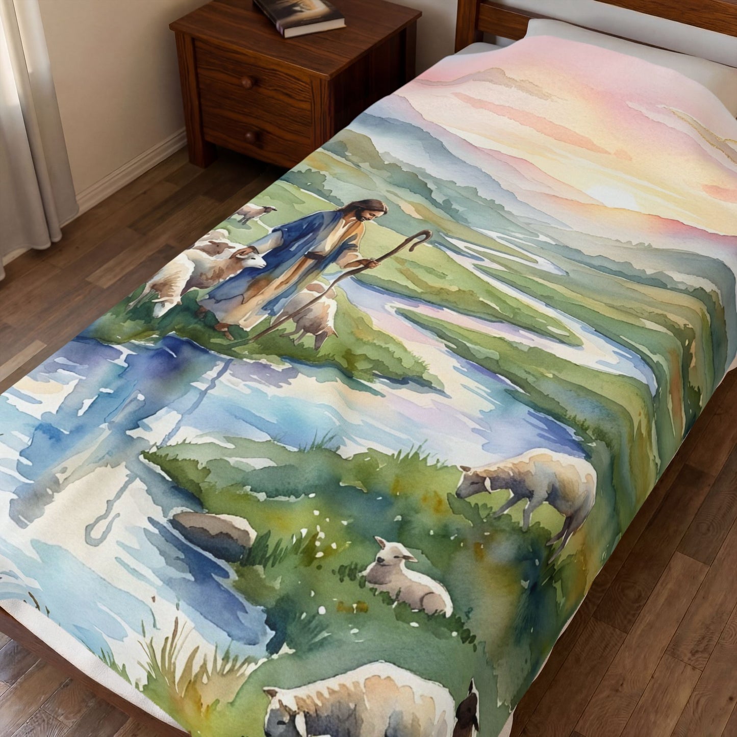 “Still Waters - Shepherd Leads His Flock” - Plush Blanket