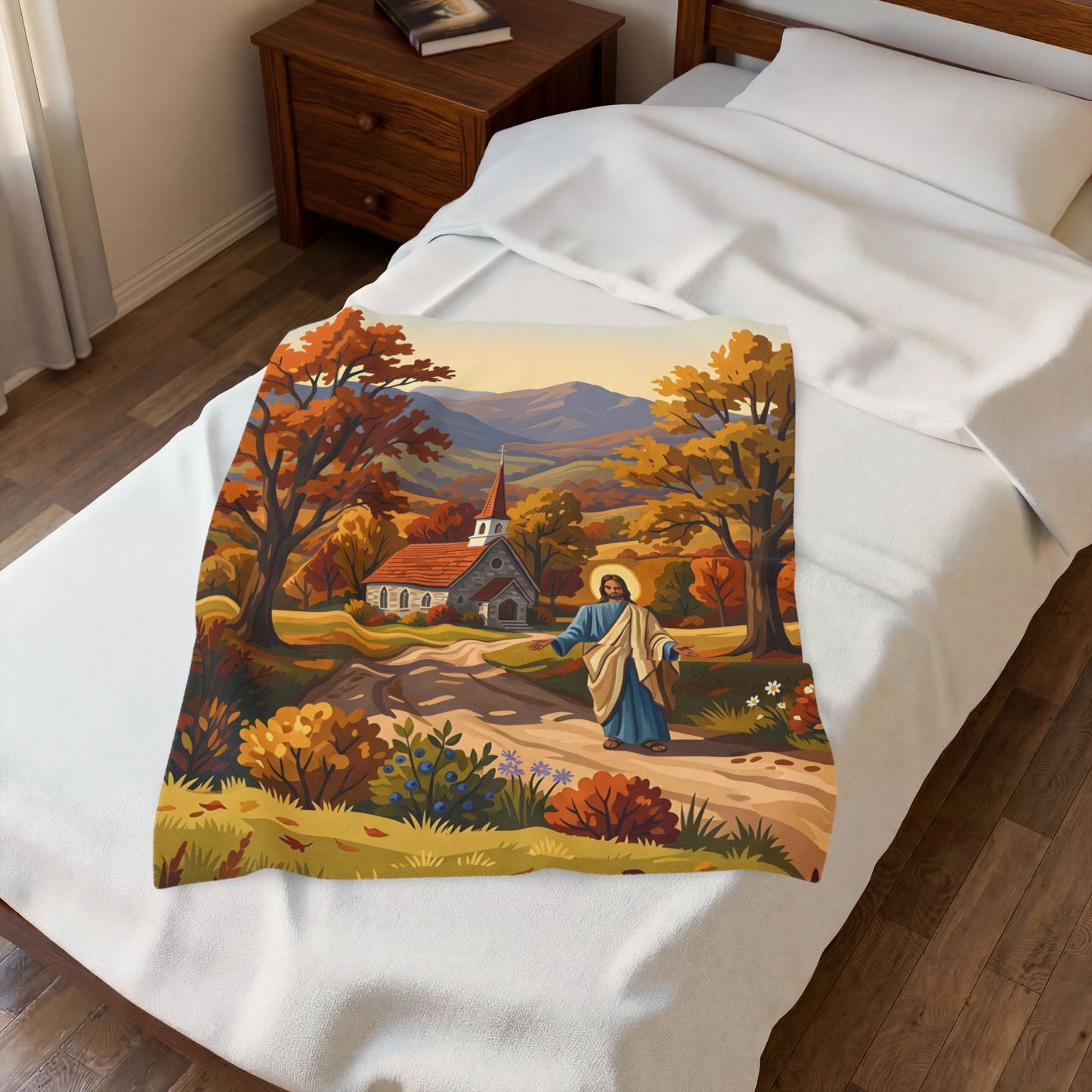 “Golden Harvest - Autumn Church in Tranquility” - Plush Blanket