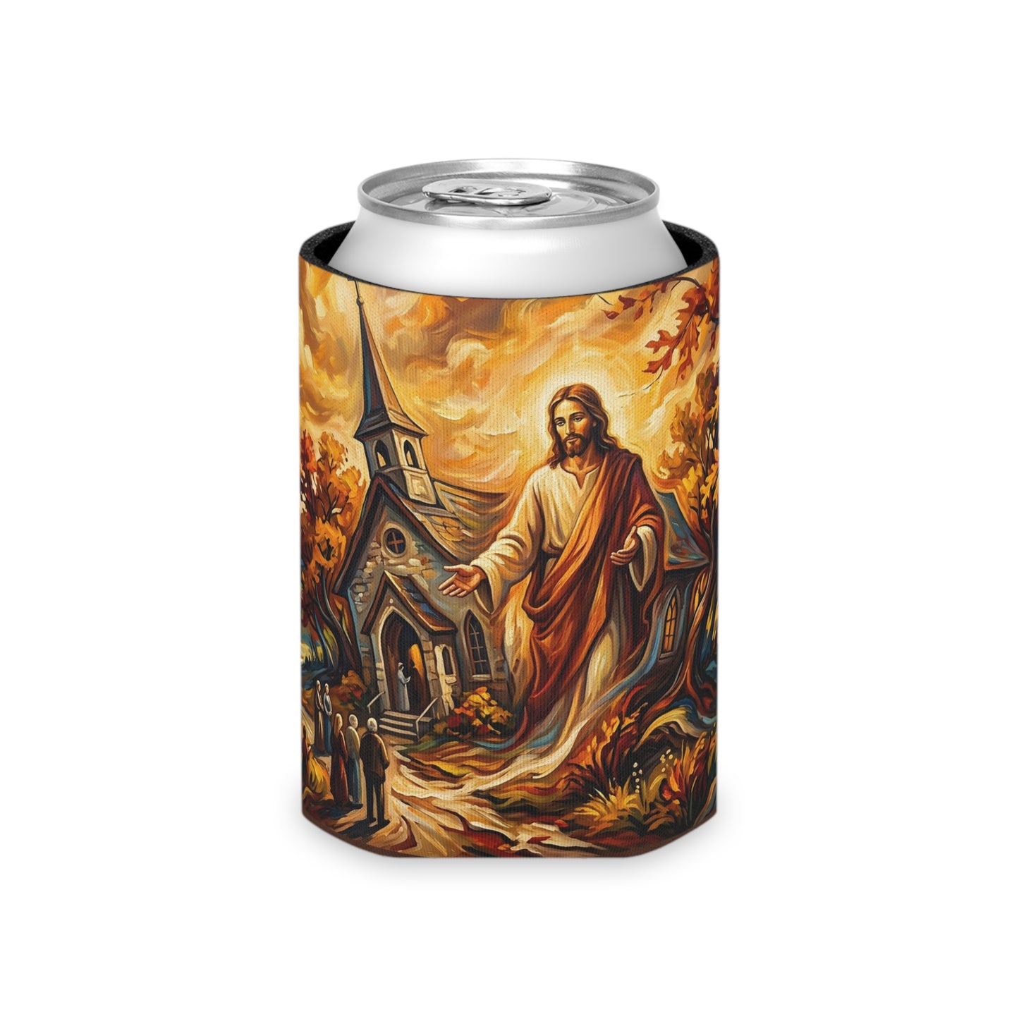“Abide With Me - Autumn Church at Sunset” - Can Cooler