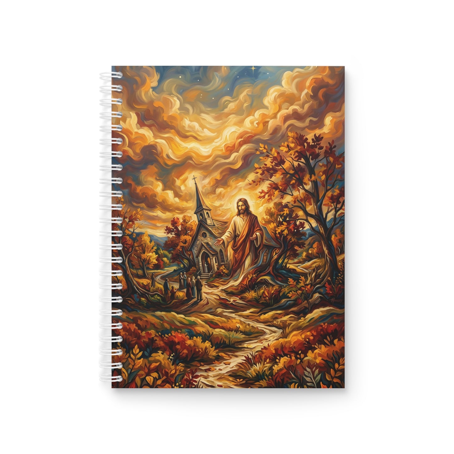“Abide With Me - Autumn Church at Sunset” - Spiral Notebook