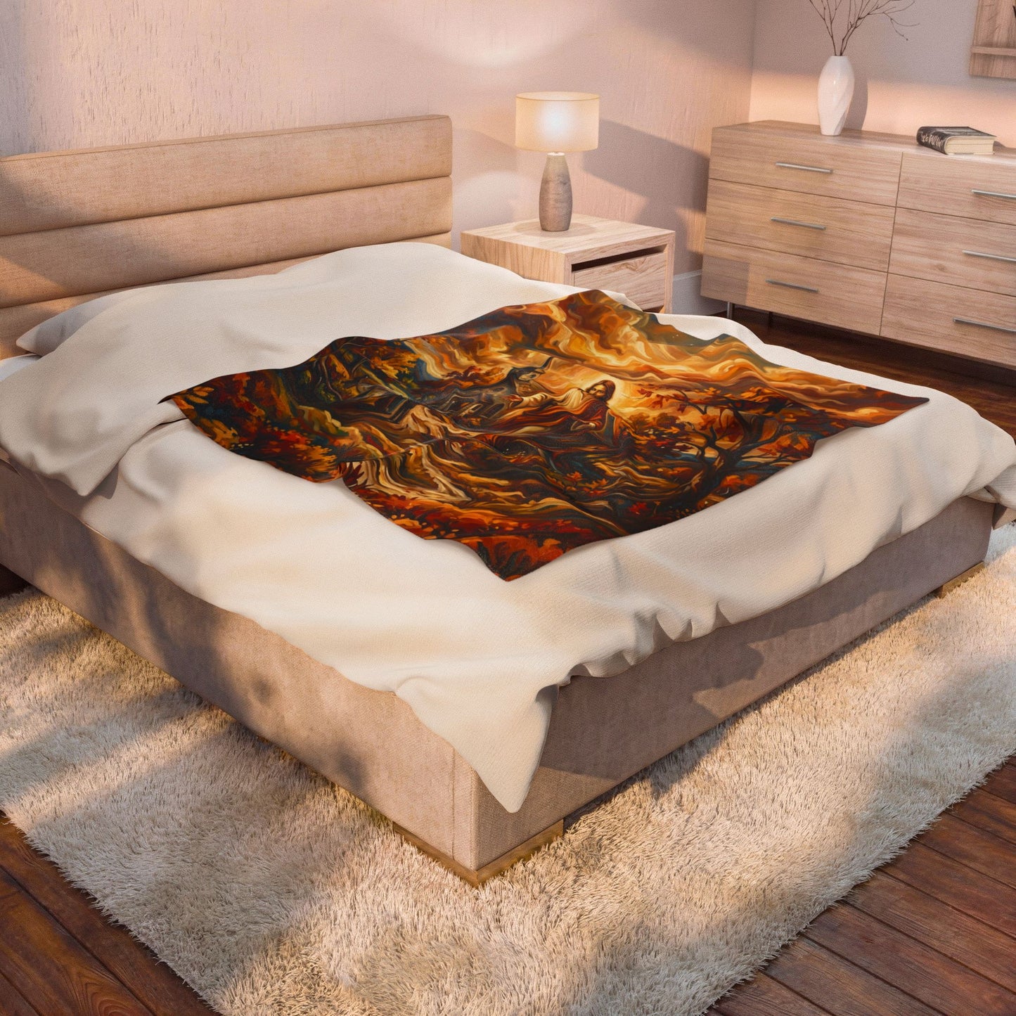 “Abide With Me - Autumn Church at Sunset” - Plush Blanket
