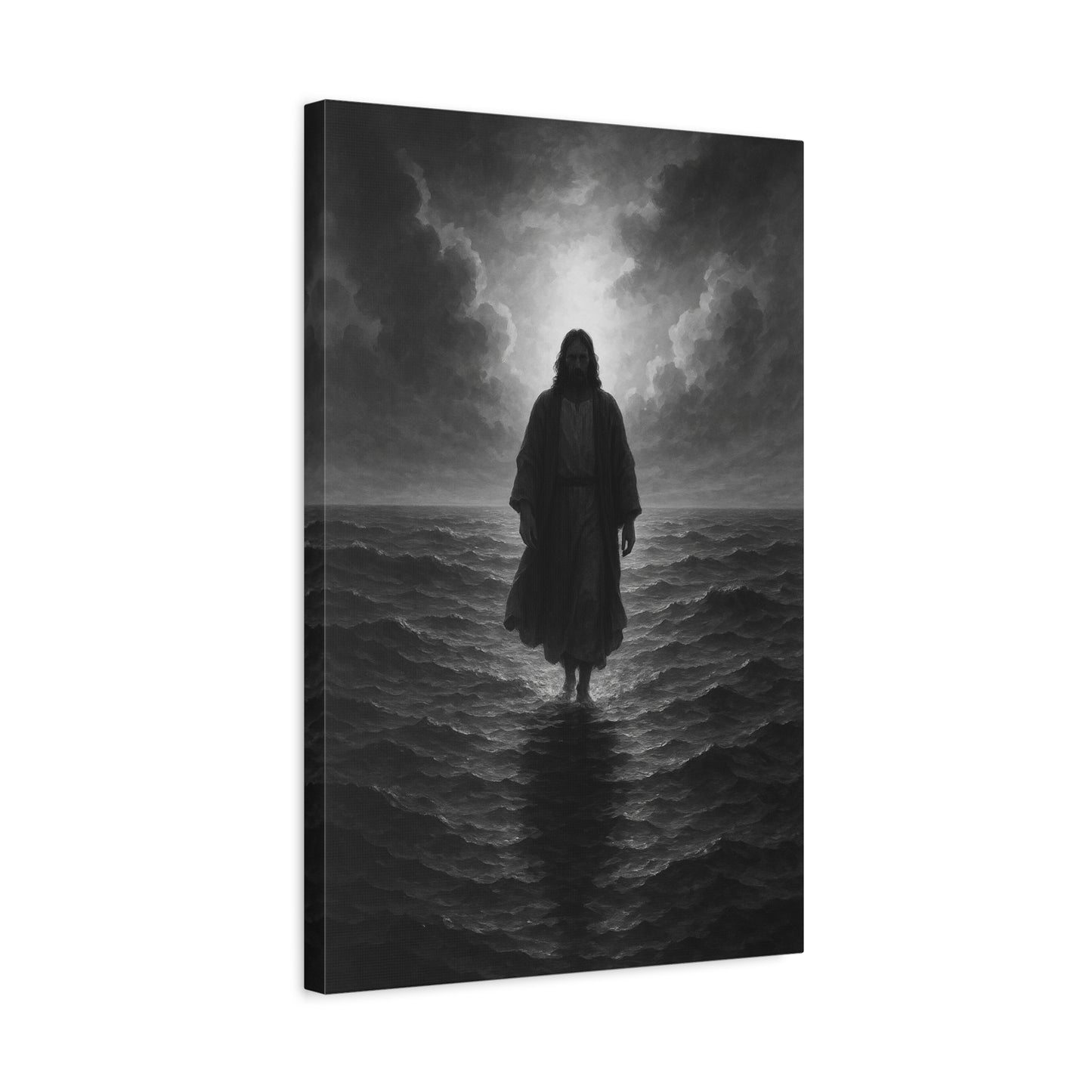 “The Light in the Storm – Jesus Walking on Water (Black & White Edition)” - Canvas Art